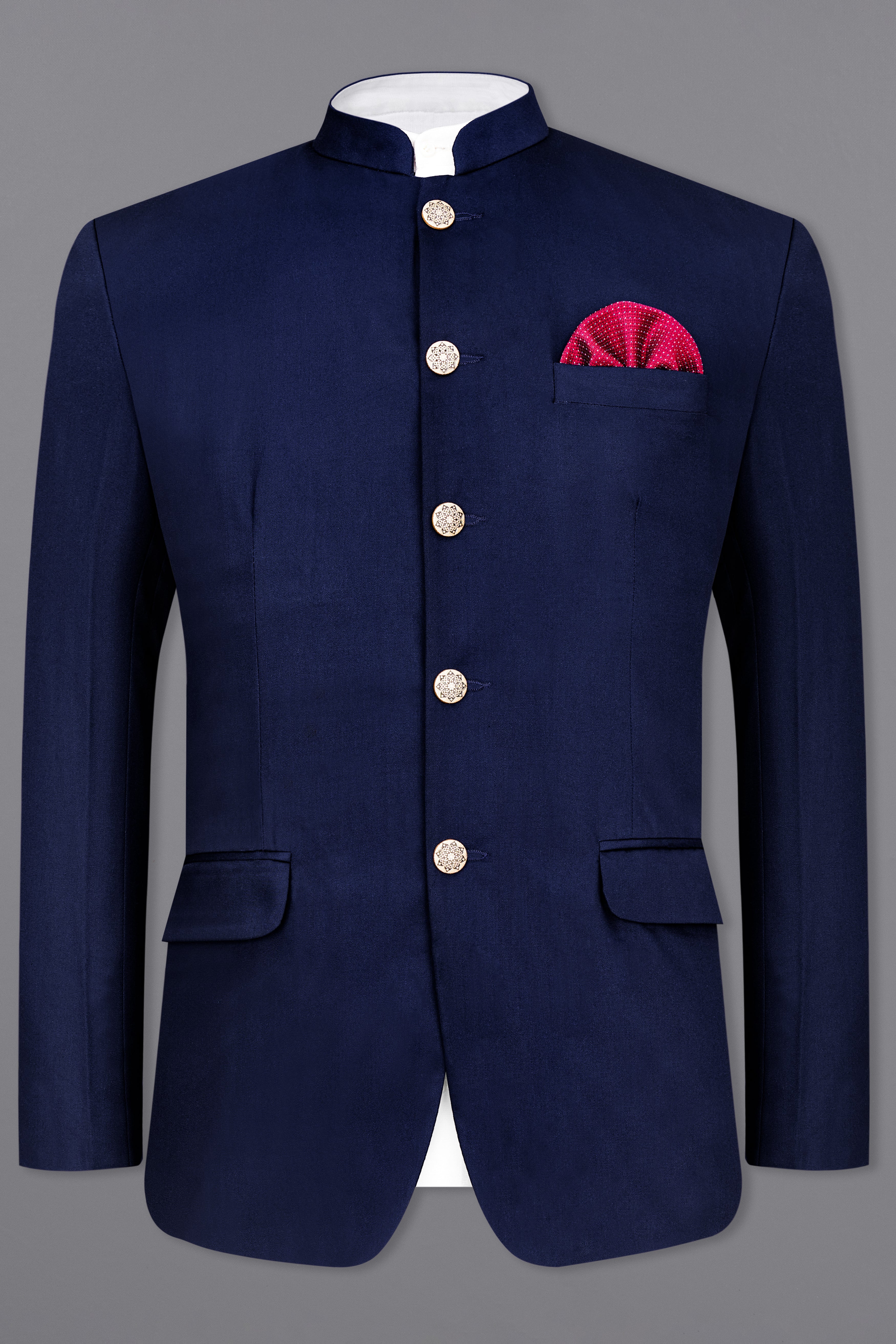 Space Blue Subtle Sheen Wool Rich Bandhgala/Mandarin Blazer