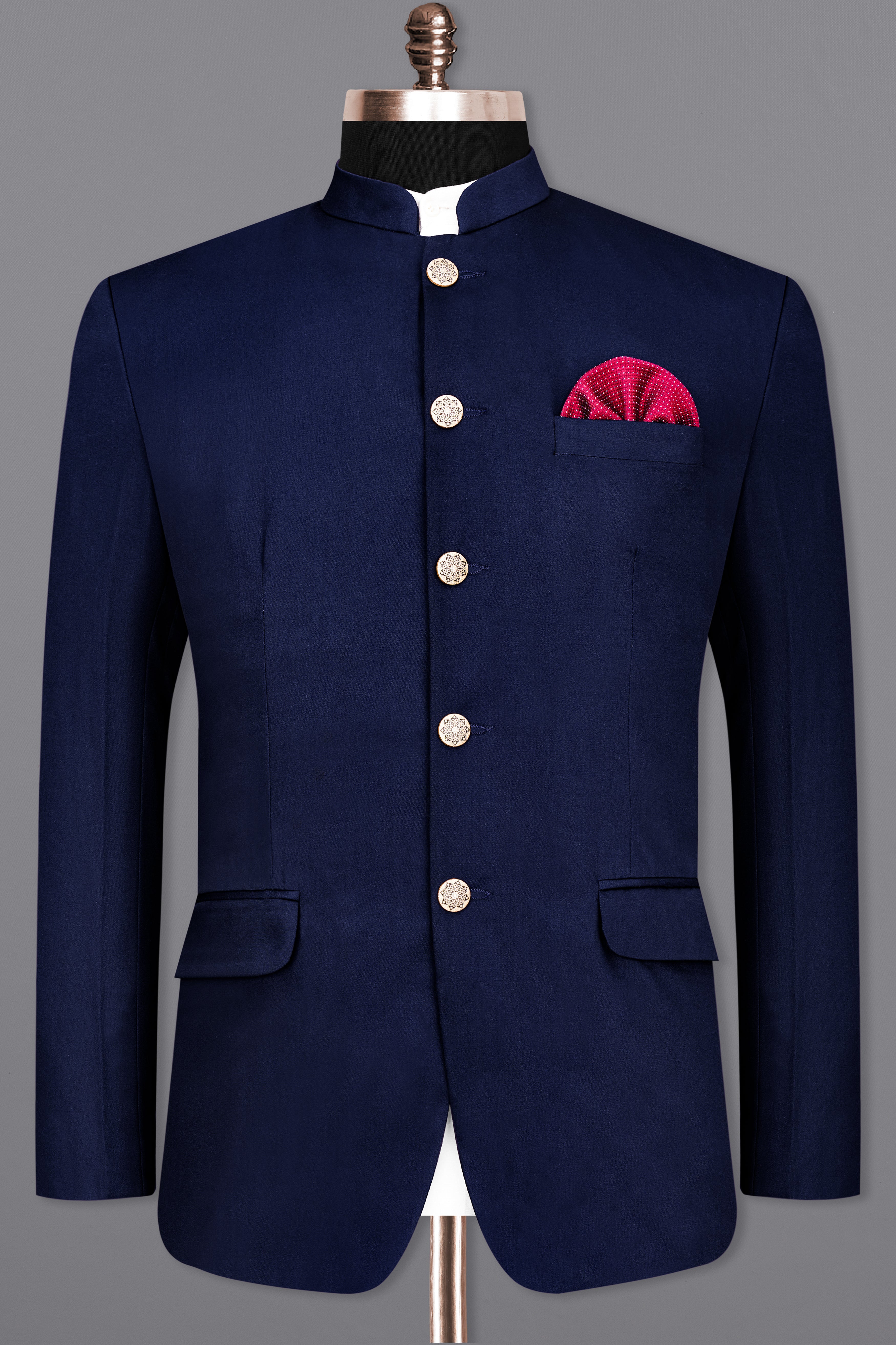 Space Blue Subtle Sheen Wool Rich Bandhgala/Mandarin Blazer