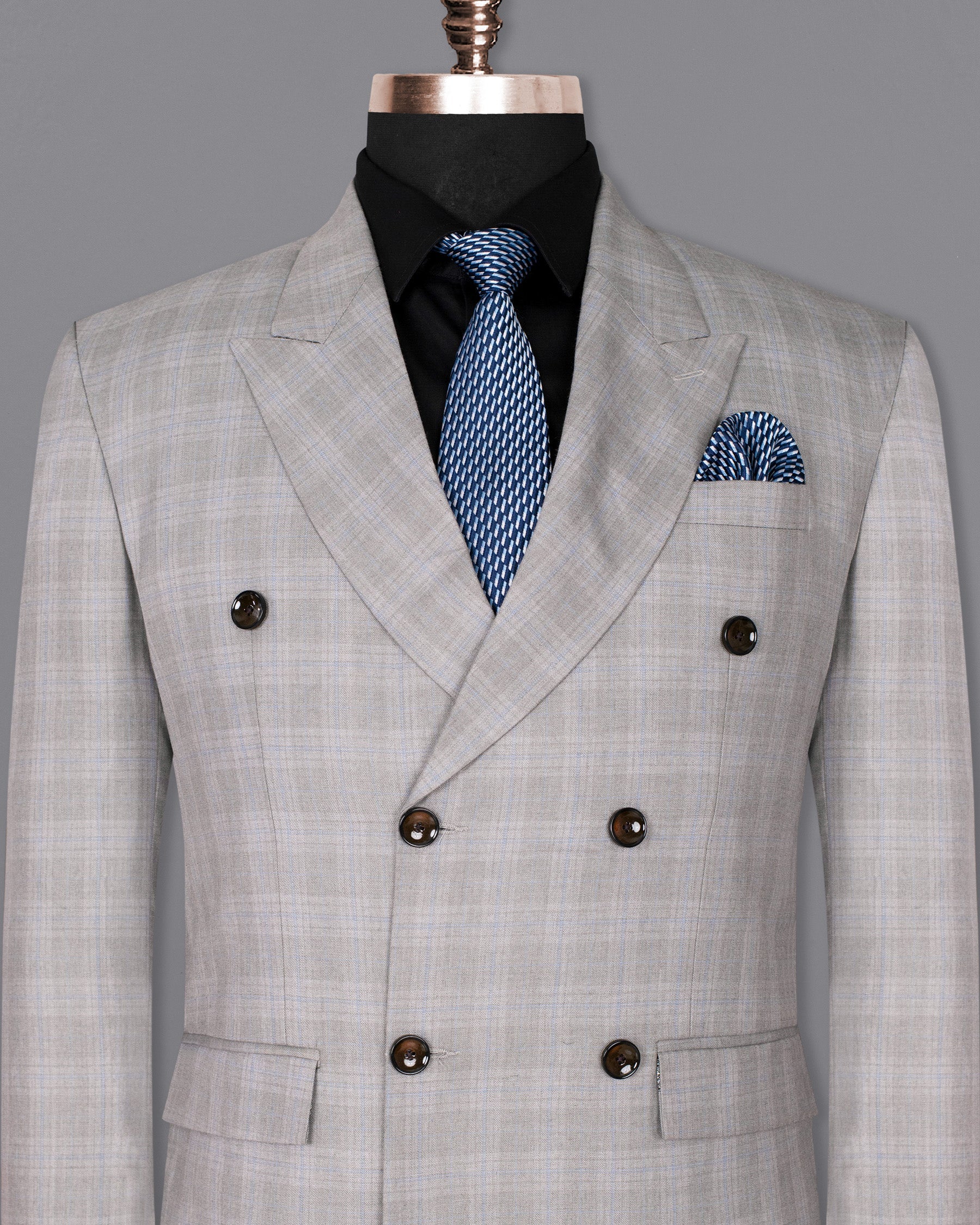 Nobel Grey Subtle Plaid Double-Breasted Wool Rich Blazer BL1363-DB-36, BL1363-DB-38, BL1363-DB-40, BL1363-DB-42, BL1363-DB-44, BL1363-DB-46, BL1363-DB-48, BL1363-DB-50, BL1363-DB-52, BL1363-DB-54, BL1363-DB-56, BL1363-DB-58, BL1363-DB-60