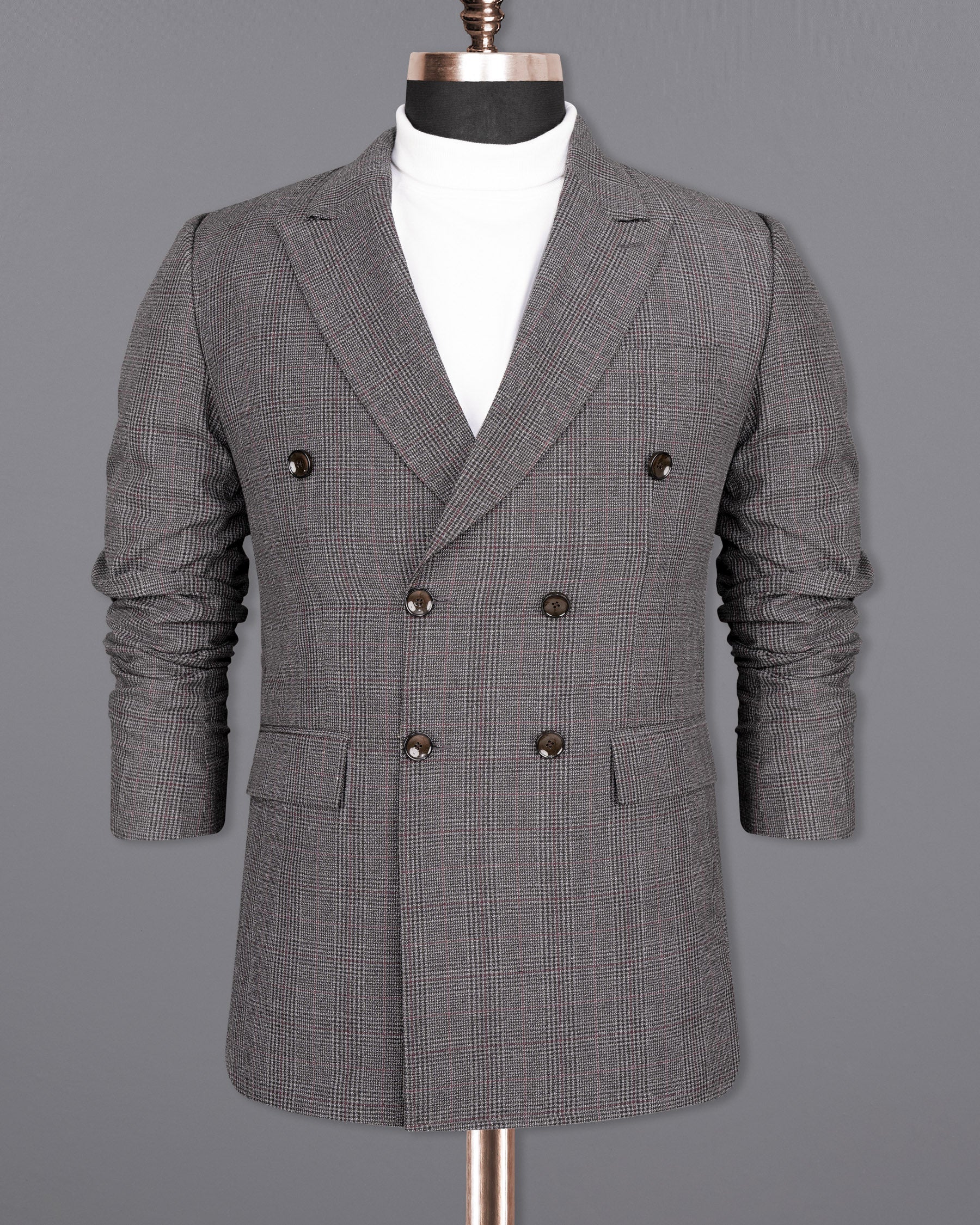 Scorpion Grey Subtle Plaid Double Breasted Wool Rich Blazer