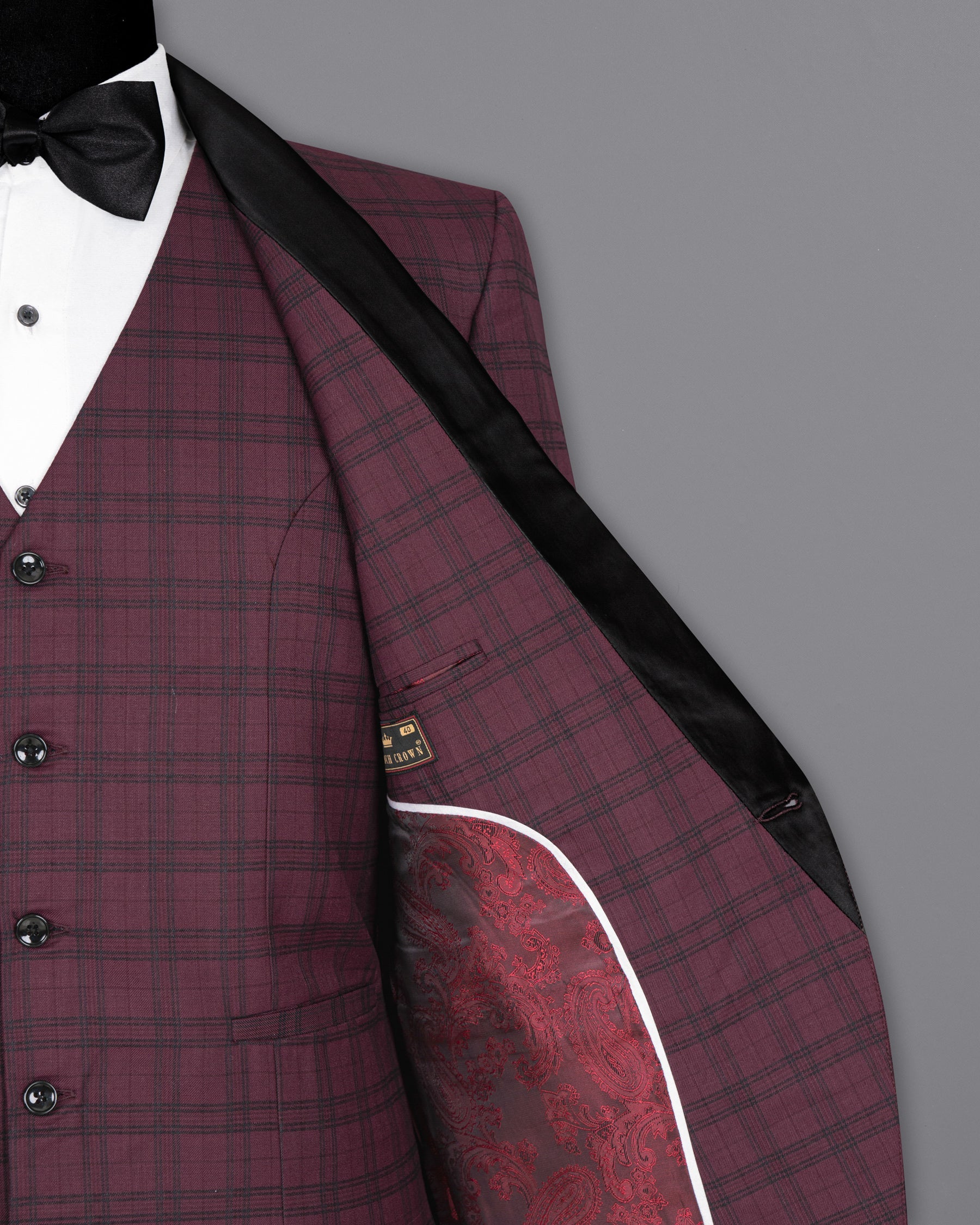 Eggplant Red Plaid Wool Rich Tuxedo Blazer BL1379-BKL-36, BL1379-BKL-38, BL1379-BKL-40, BL1379-BKL-42, BL1379-BKL-44, BL1379-BKL-46, BL1379-BKL-48, BL1379-BKL-50, BL1379-BKL-52, BL1379-BKL-54, BL1379-BKL-56, BL1379-BKL-58, BL1379-BKL-60