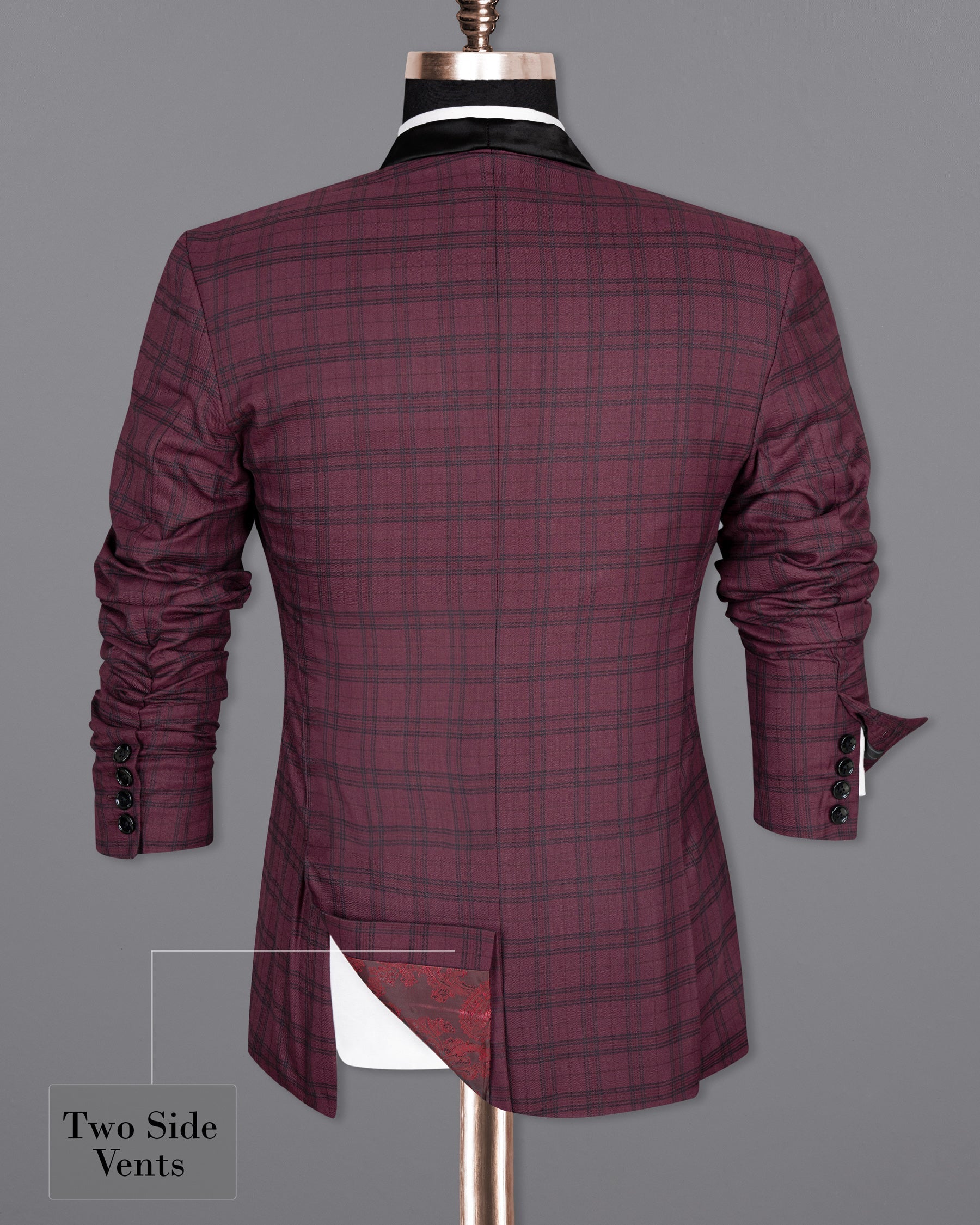 Eggplant Red Plaid Wool Rich Tuxedo Blazer BL1379-BKL-36, BL1379-BKL-38, BL1379-BKL-40, BL1379-BKL-42, BL1379-BKL-44, BL1379-BKL-46, BL1379-BKL-48, BL1379-BKL-50, BL1379-BKL-52, BL1379-BKL-54, BL1379-BKL-56, BL1379-BKL-58, BL1379-BKL-60