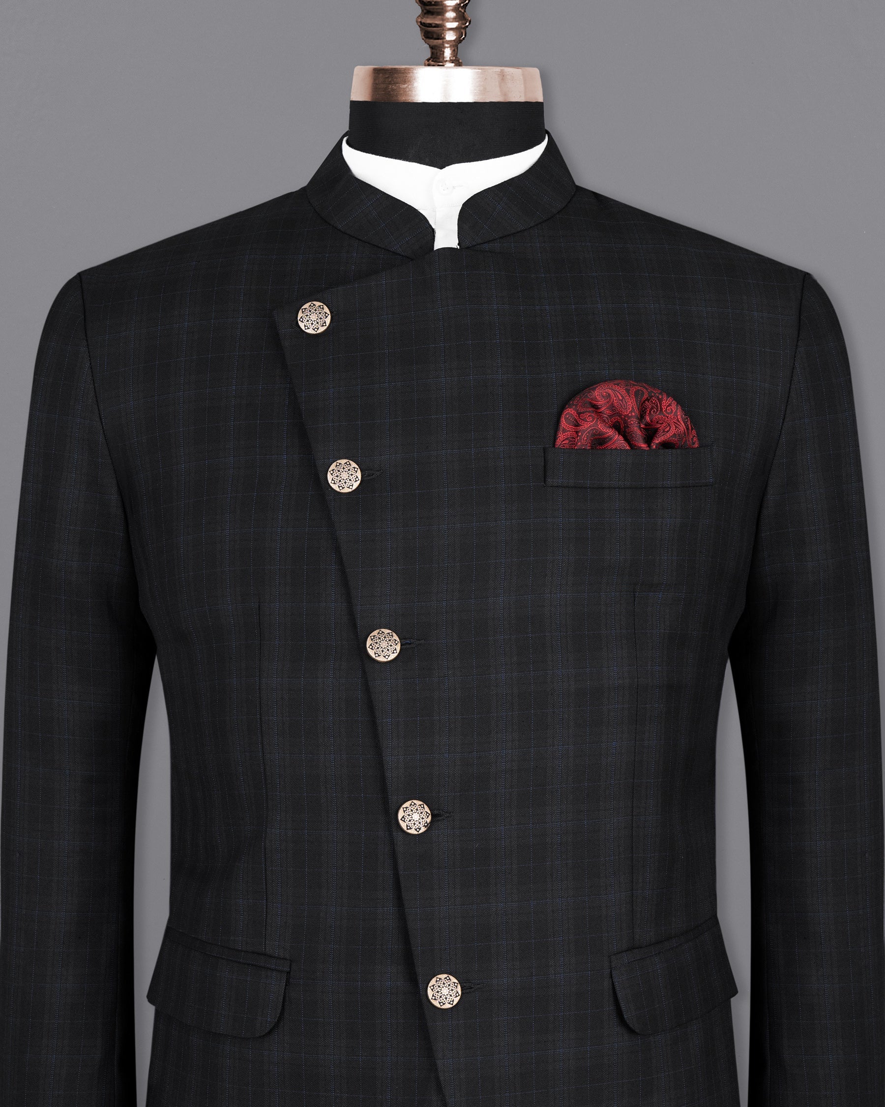 Mine Shaft Black Plaid Cross Buttoned Bandhgala Wool Rich Blazer BL1387-CBG-36, BL1387-CBG-38, BL1387-CBG-40, BL1387-CBG-42, BL1387-CBG-44, BL1387-CBG-46, BL1387-CBG-48, BL1387-CBG-50, BL1387-CBG-52, BL1387-CBG-54, BL1387-CBG-56, BL1387-CBG-58, BL1387-CBG-60