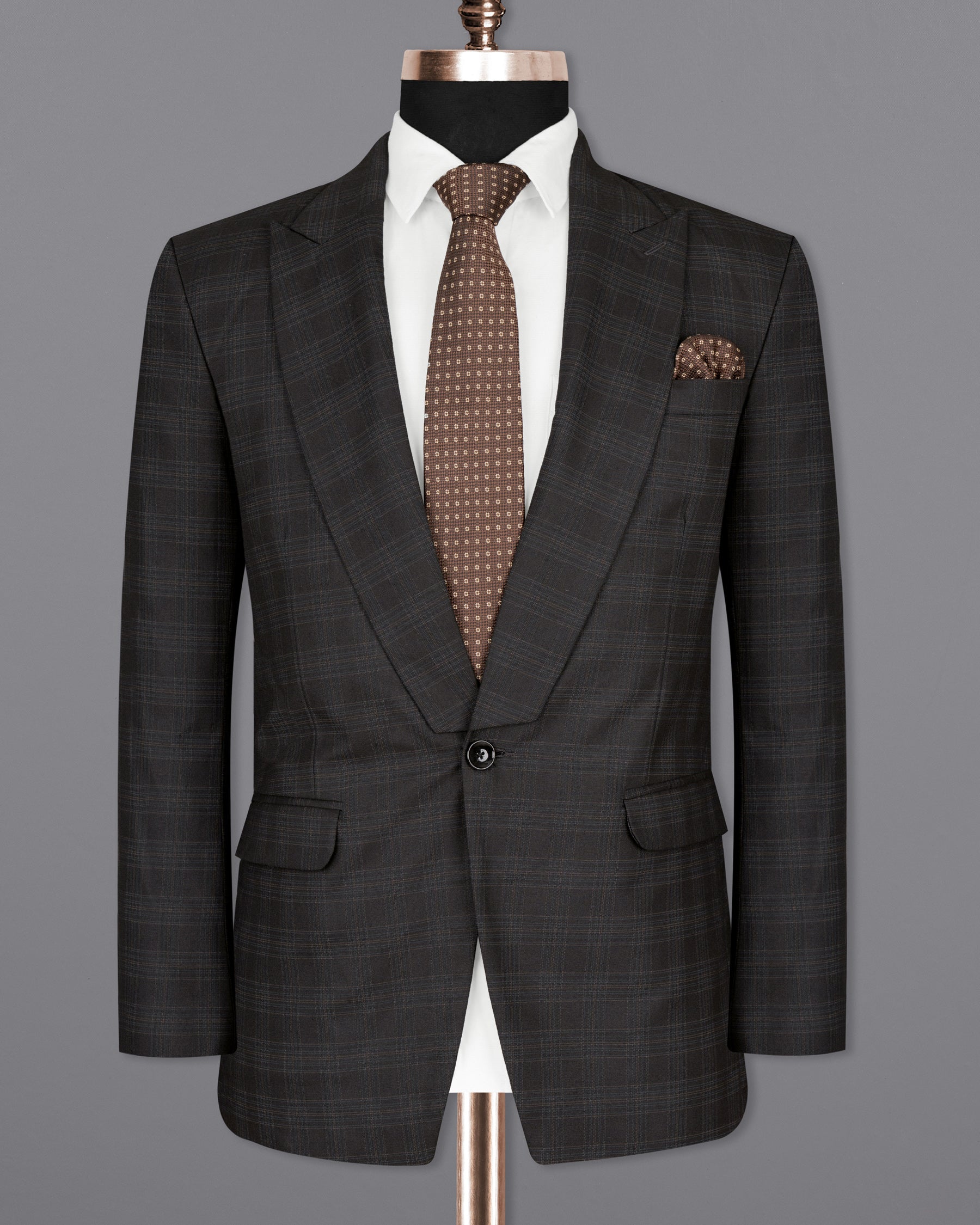 Piano Black Plaid Designer Lapel Wool Rich Blazer BL1403-D22-36, BL1403-D22-38, BL1403-D22-40, BL1403-D22-42, BL1403-D22-44, BL1403-D22-46, BL1403-D22-48, BL1403-D22-50, BL1403-D22-52, BL1403-D22-54, BL1403-D22-56, BL1403-D22-58, BL1403-D22-60