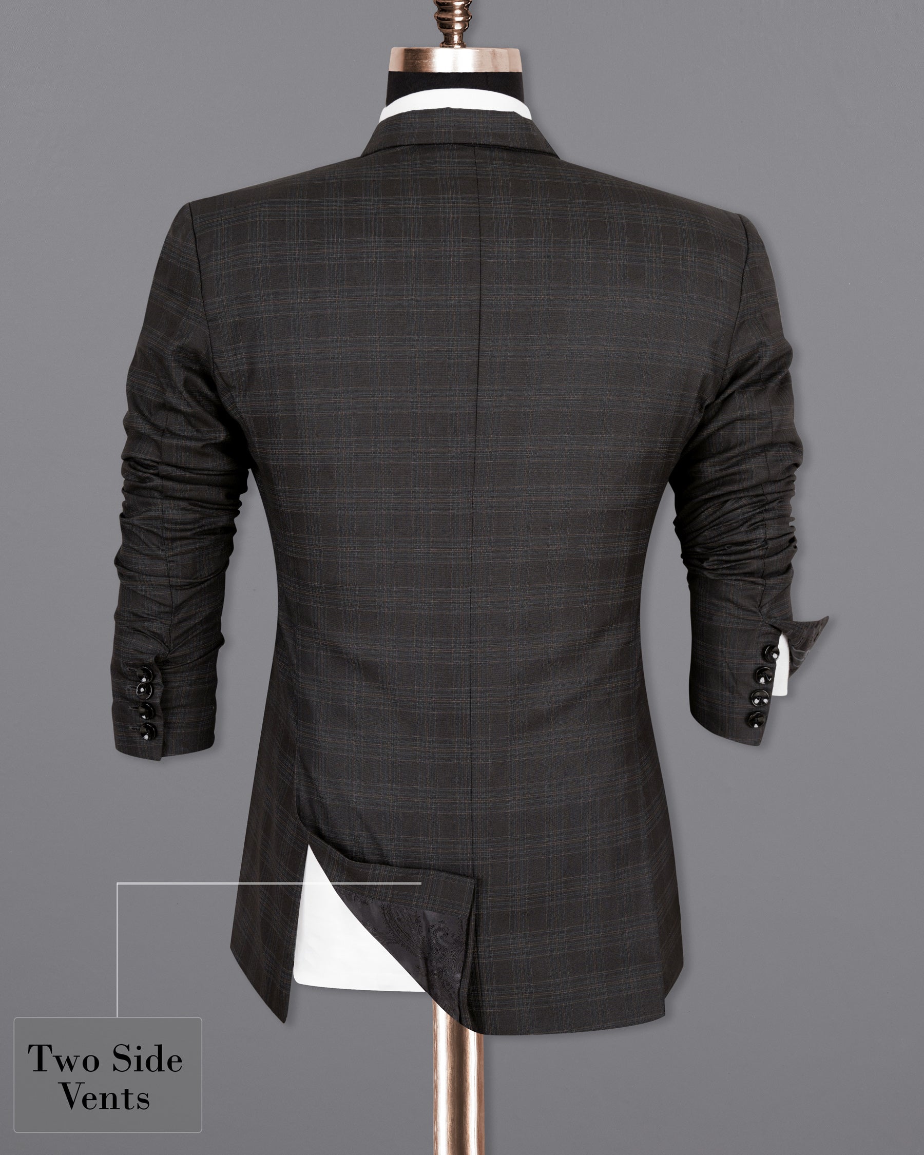 Piano Black Plaid Designer Lapel Wool Rich Blazer BL1403-D22-36, BL1403-D22-38, BL1403-D22-40, BL1403-D22-42, BL1403-D22-44, BL1403-D22-46, BL1403-D22-48, BL1403-D22-50, BL1403-D22-52, BL1403-D22-54, BL1403-D22-56, BL1403-D22-58, BL1403-D22-60