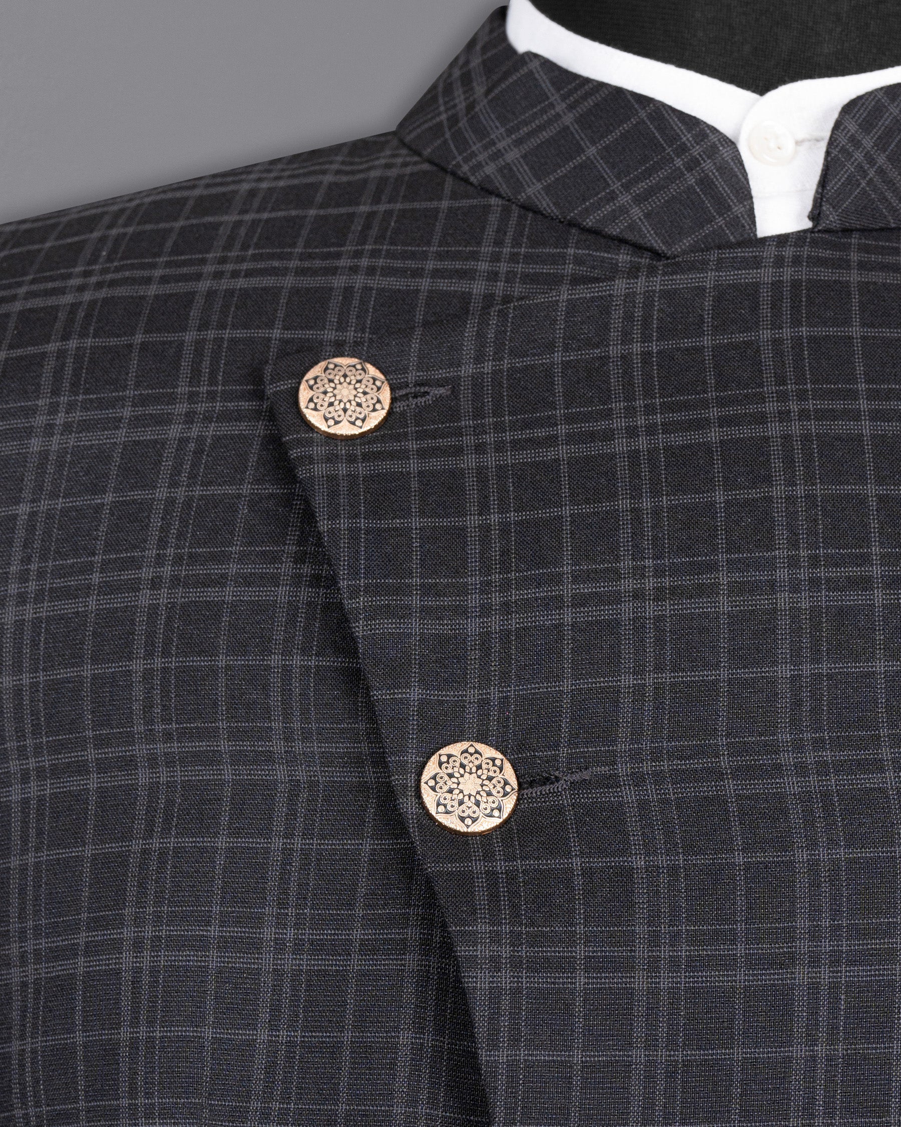 Star Dust and Shark Grey Plaid Cross Button Bandhgala Wool rich Blazer BL1408-CBG-36, BL1408-CBG-38, BL1408-CBG-40, BL1408-CBG-42, BL1408-CBG-44, BL1408-CBG-46, BL1408-CBG-48, BL1408-CBG-50, BL1408-CBG-52, BL1408-CBG-54, BL1408-CBG-56, BL1408-CBG-58, BL1408-CBG-60