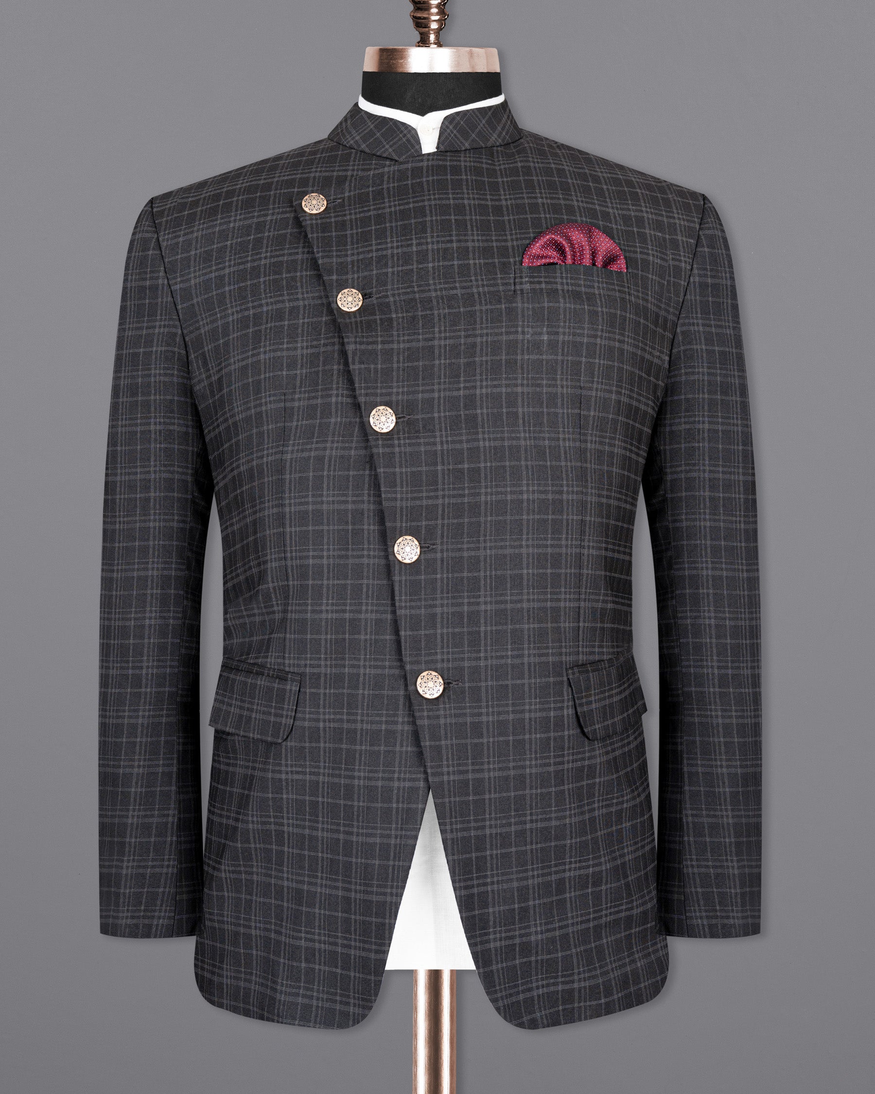 Star Dust and Shark Grey Plaid Cross Button Bandhgala Wool rich Blazer BL1408-CBG-36, BL1408-CBG-38, BL1408-CBG-40, BL1408-CBG-42, BL1408-CBG-44, BL1408-CBG-46, BL1408-CBG-48, BL1408-CBG-50, BL1408-CBG-52, BL1408-CBG-54, BL1408-CBG-56, BL1408-CBG-58, BL1408-CBG-60