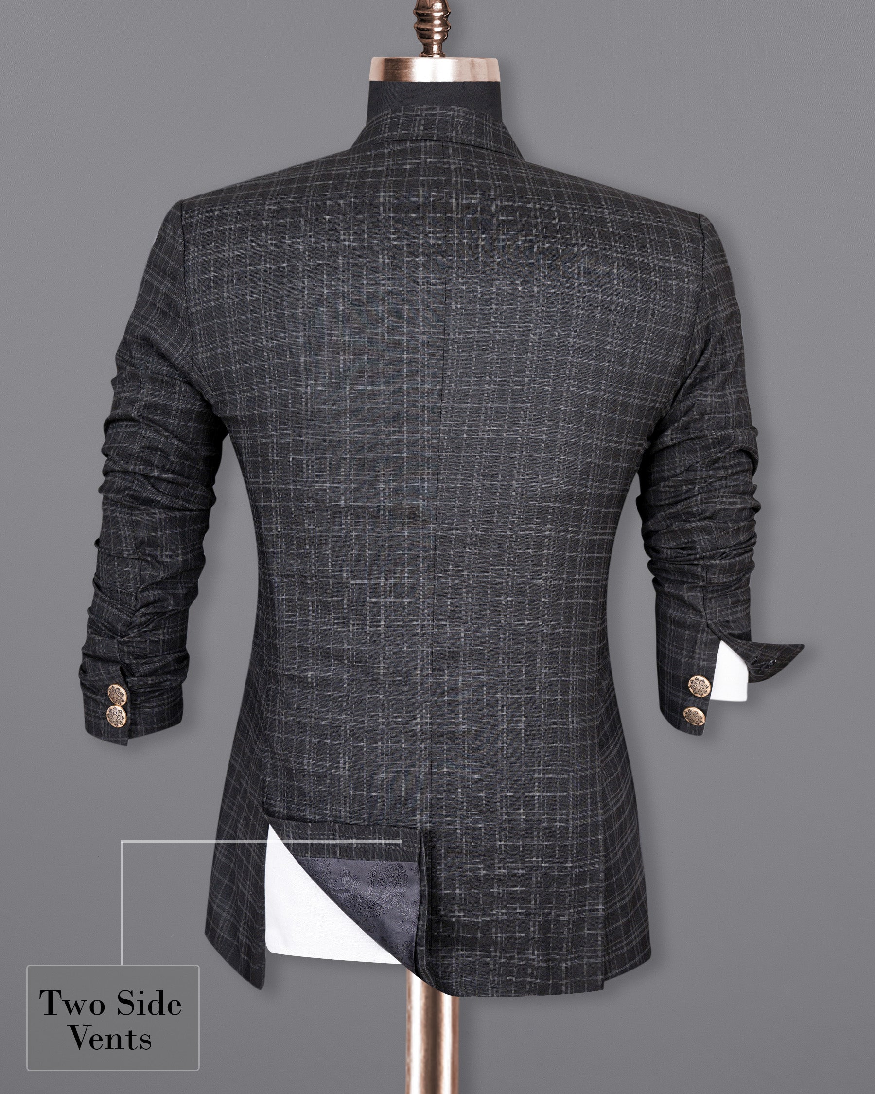 Star Dust and Shark Grey Plaid Cross Button Bandhgala Wool rich Blazer BL1408-CBG-36, BL1408-CBG-38, BL1408-CBG-40, BL1408-CBG-42, BL1408-CBG-44, BL1408-CBG-46, BL1408-CBG-48, BL1408-CBG-50, BL1408-CBG-52, BL1408-CBG-54, BL1408-CBG-56, BL1408-CBG-58, BL1408-CBG-60