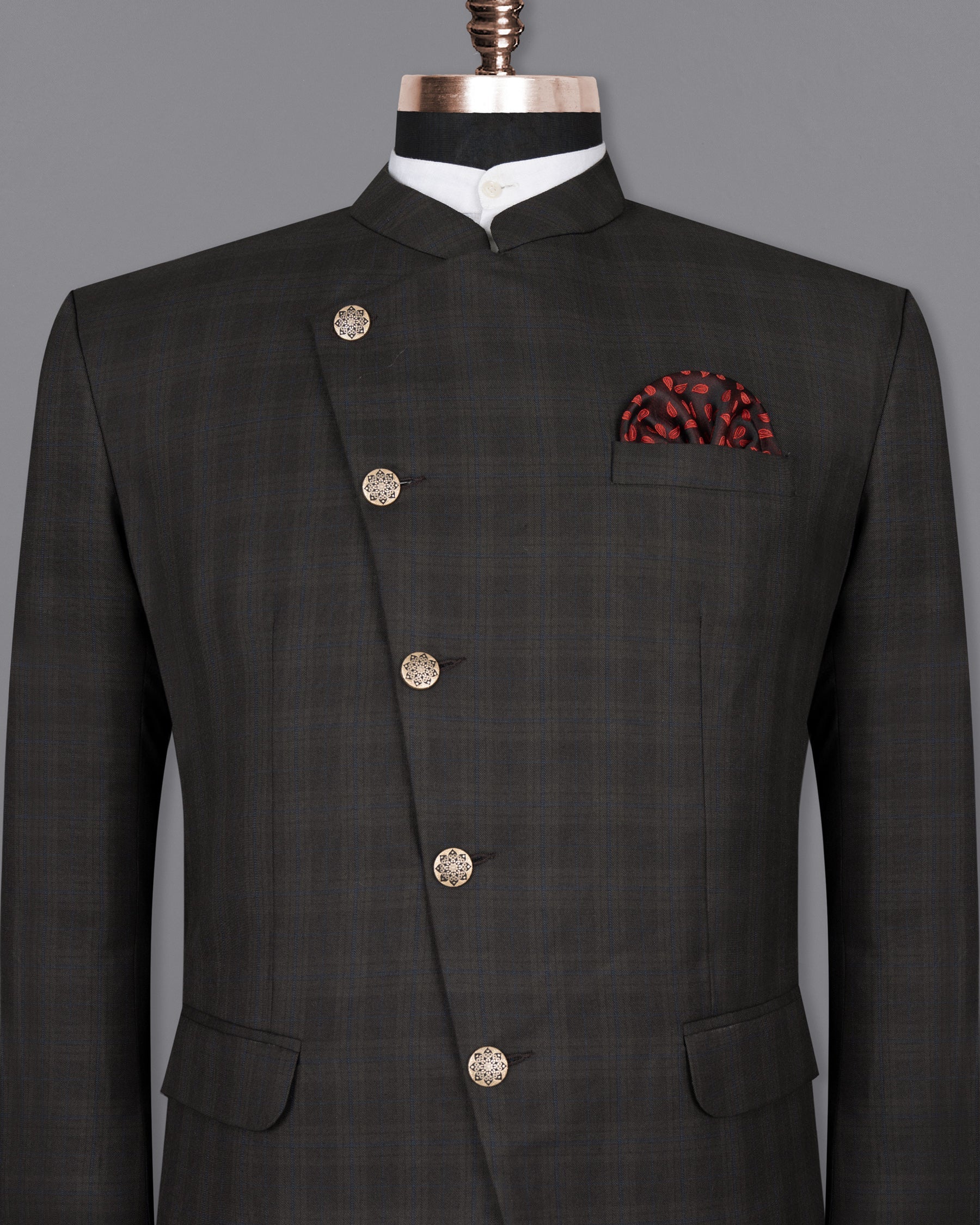 Thunder brown Plaid Cross Buttoned Bandhgala Wool Rich Blazer BL1424-CBG-36, BL1424-CBG-38, BL1424-CBG-40, BL1424-CBG-42, BL1424-CBG-44, BL1424-CBG-46, BL1424-CBG-48, BL1424-CBG-50, BL1424-CBG-52, BL1424-CBG-54, BL1424-CBG-56, BL1424-CBG-58, BL1424-CBG-60