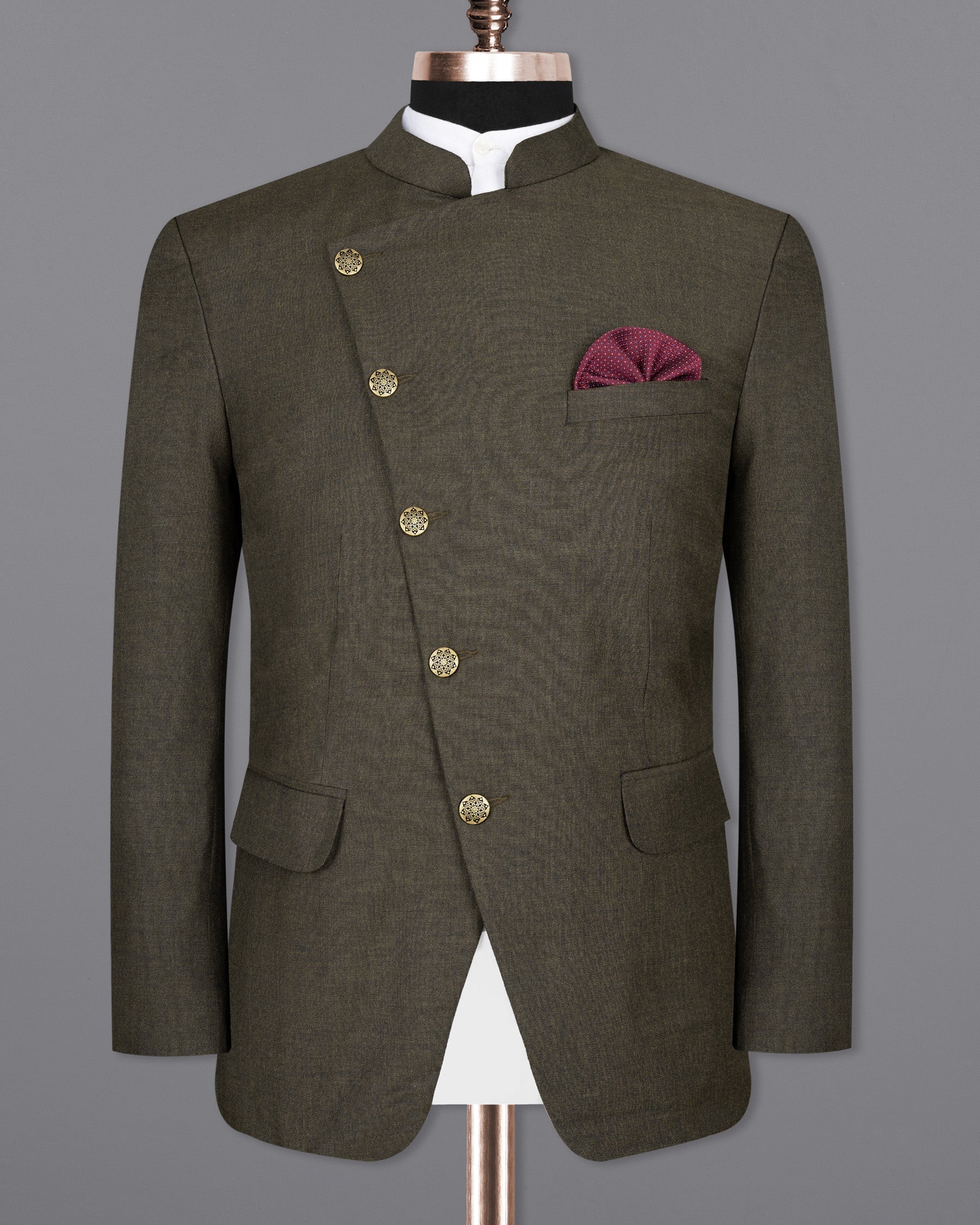 Merlin Green Cross Buttoned Bandhgala Wool Rich Blazer BL1426-CBG-36, BL1426-CBG-38, BL1426-CBG-40, BL1426-CBG-42, BL1426-CBG-44, BL1426-CBG-46, BL1426-CBG-48, BL1426-CBG-50, BL1426-CBG-52, BL1426-CBG-54, BL1426-CBG-56, BL1426-CBG-58, BL1426-CBG-60