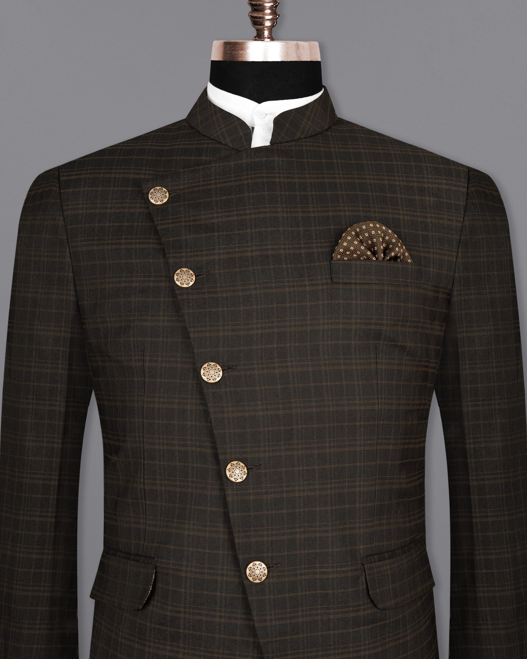 Wood Bark windowpane Wool Rich Cross Buttoned Bandhgala Blazer BL1490-CBG-36, BL1490-CBG-38, BL1490-CBG-40, BL1490-CBG-42, BL1490-CBG-44, BL1490-CBG-46, BL1490-CBG-48, BL1490-CBG-50, BL1490-CBG-52, BL1490-CBG-54, BL1490-CBG-56, BL1490-CBG-58, BL1490-CBG-60