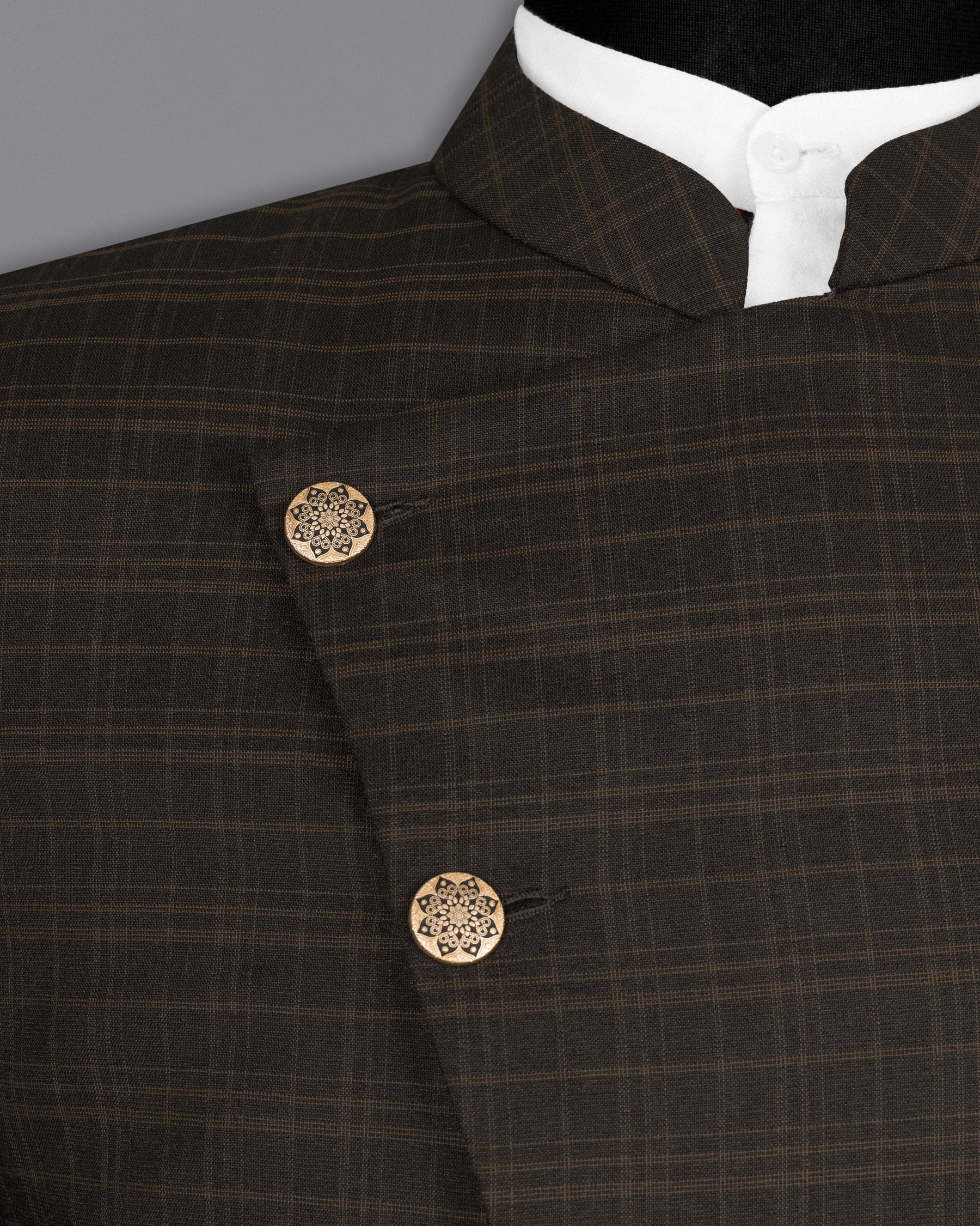 Wood Bark windowpane Wool Rich Cross Buttoned Bandhgala Blazer BL1490-CBG-36, BL1490-CBG-38, BL1490-CBG-40, BL1490-CBG-42, BL1490-CBG-44, BL1490-CBG-46, BL1490-CBG-48, BL1490-CBG-50, BL1490-CBG-52, BL1490-CBG-54, BL1490-CBG-56, BL1490-CBG-58, BL1490-CBG-60