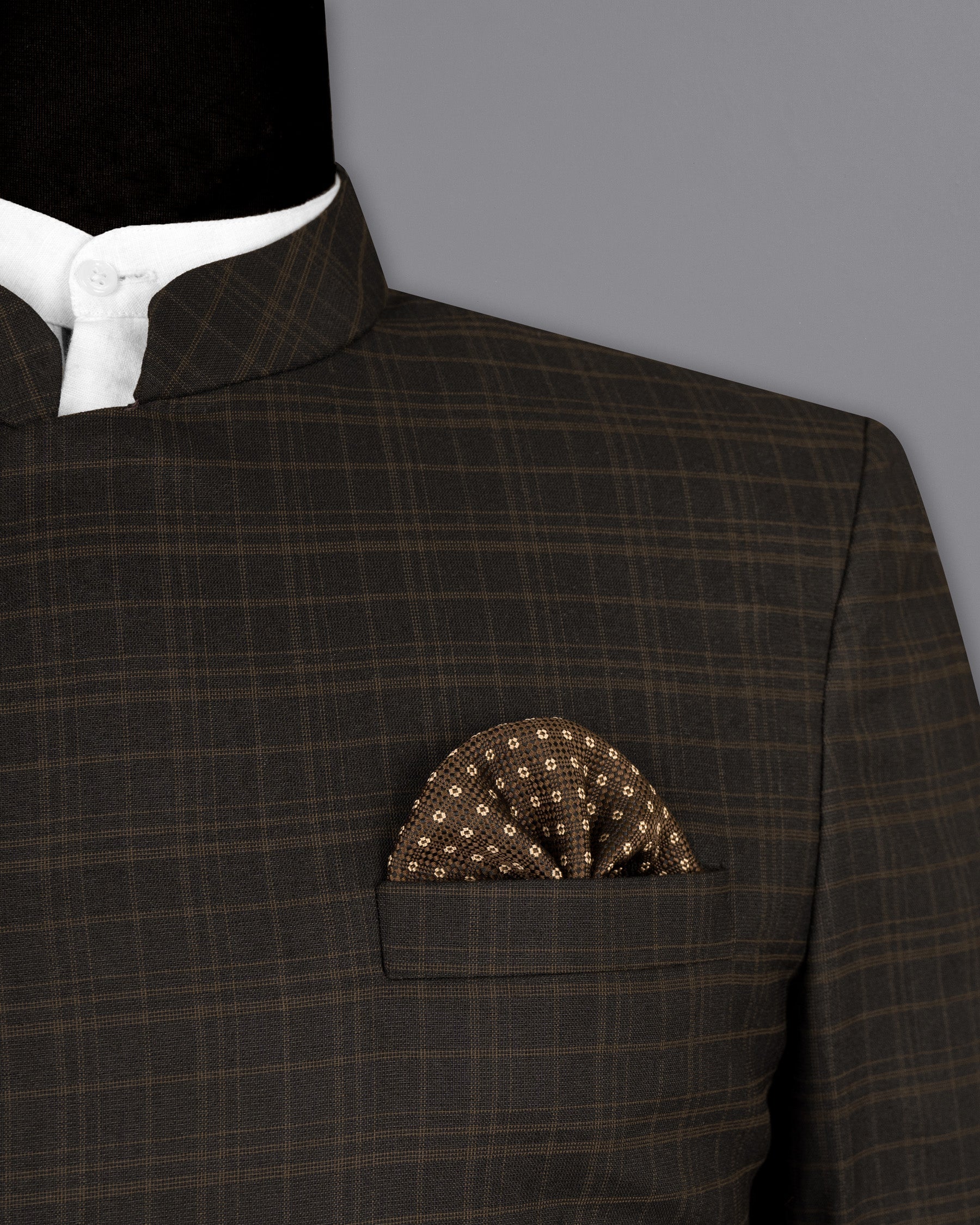 Wood Bark windowpane Wool Rich Cross Buttoned Bandhgala Blazer BL1490-CBG-36, BL1490-CBG-38, BL1490-CBG-40, BL1490-CBG-42, BL1490-CBG-44, BL1490-CBG-46, BL1490-CBG-48, BL1490-CBG-50, BL1490-CBG-52, BL1490-CBG-54, BL1490-CBG-56, BL1490-CBG-58, BL1490-CBG-60