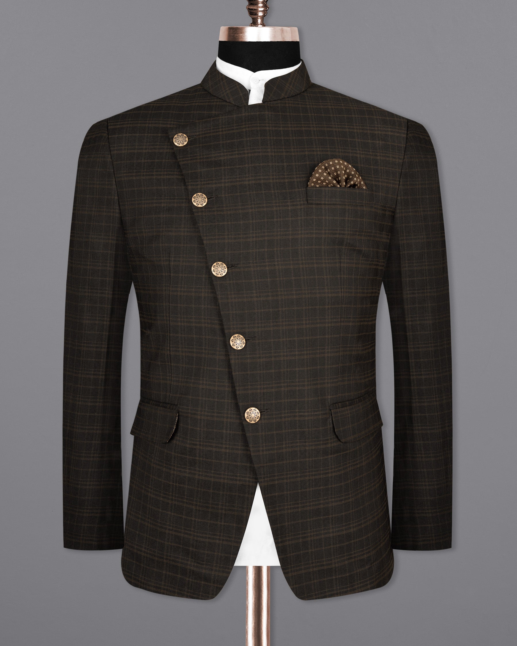 Wood Bark windowpane Wool Rich Cross Buttoned Bandhgala Blazer BL1490-CBG-36, BL1490-CBG-38, BL1490-CBG-40, BL1490-CBG-42, BL1490-CBG-44, BL1490-CBG-46, BL1490-CBG-48, BL1490-CBG-50, BL1490-CBG-52, BL1490-CBG-54, BL1490-CBG-56, BL1490-CBG-58, BL1490-CBG-60