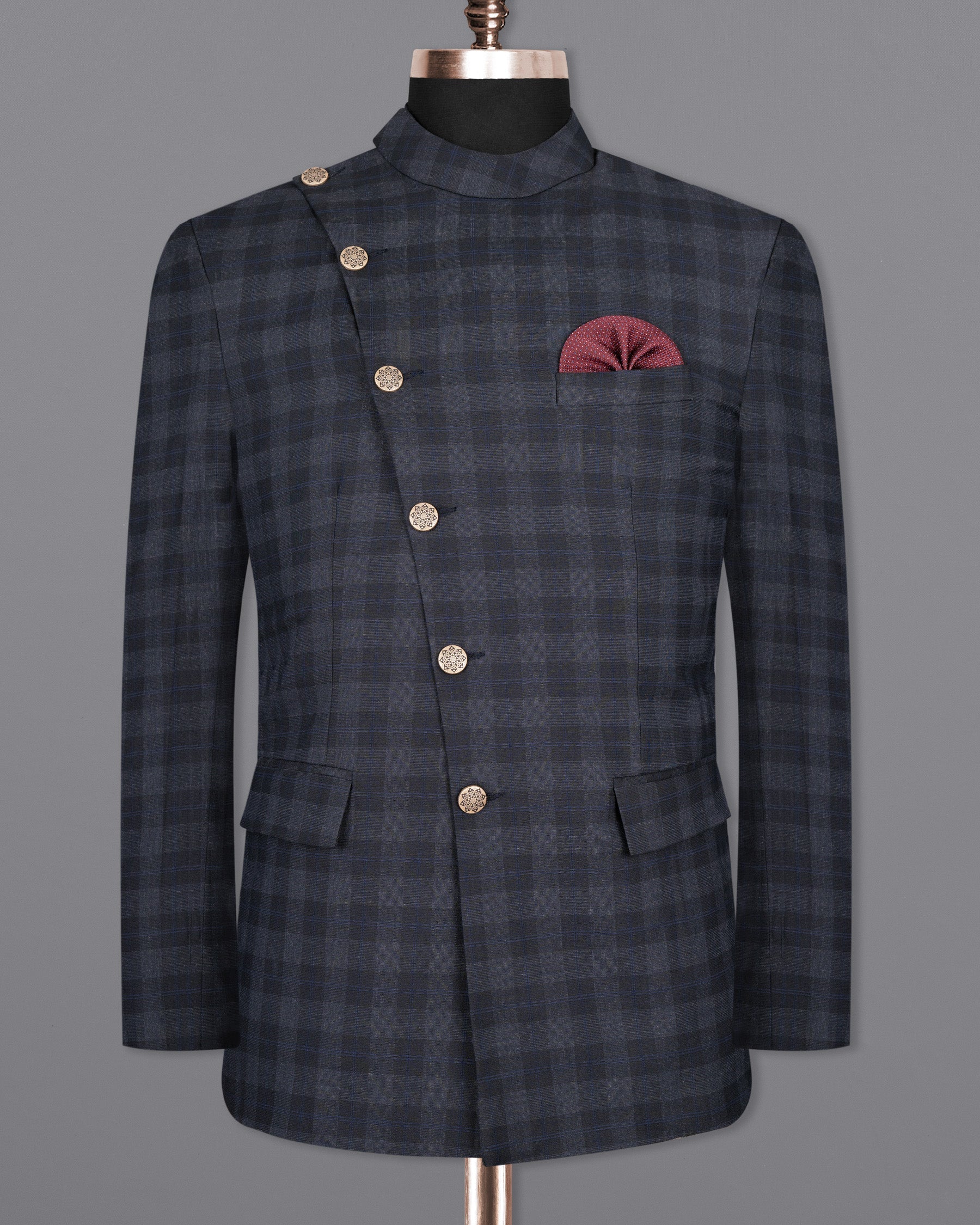 Bastille Grey Plaid Wool Rich Cross Buttoned Bandhgala Blazer BL1498-CBG2-36, BL1498-CBG2-38, BL1498-CBG2-40, BL1498-CBG2-42, BL1498-CBG2-44, BL1498-CBG2-46, BL1498-CBG2-48, BL1498-CBG2-50, BL1498-CBG2-52, BL1498-CBG2-54, BL1498-CBG2-56, BL1498-CBG2-58, BL1498-CBG2-60