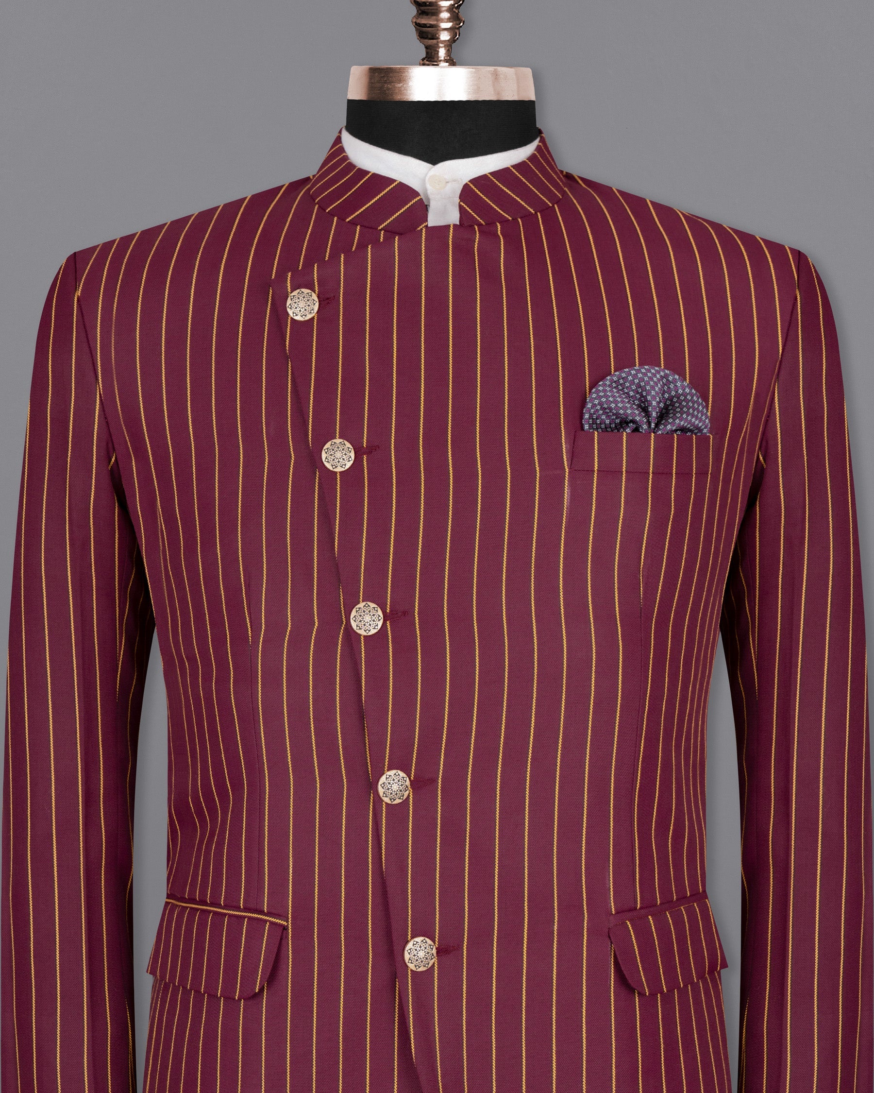 Paprika Maroon Striped Cross Button Wool Rich Bandhgala Blazer BL1517-CBG-36, BL1517-CBG-38, BL1517-CBG-40, BL1517-CBG-42, BL1517-CBG-44, BL1517-CBG-46, BL1517-CBG-48, BL1517-CBG-50, BL1517-CBG-52, BL1517-CBG-54, BL1517-CBG-56, BL1517-CBG-58, BL1517-CBG-60