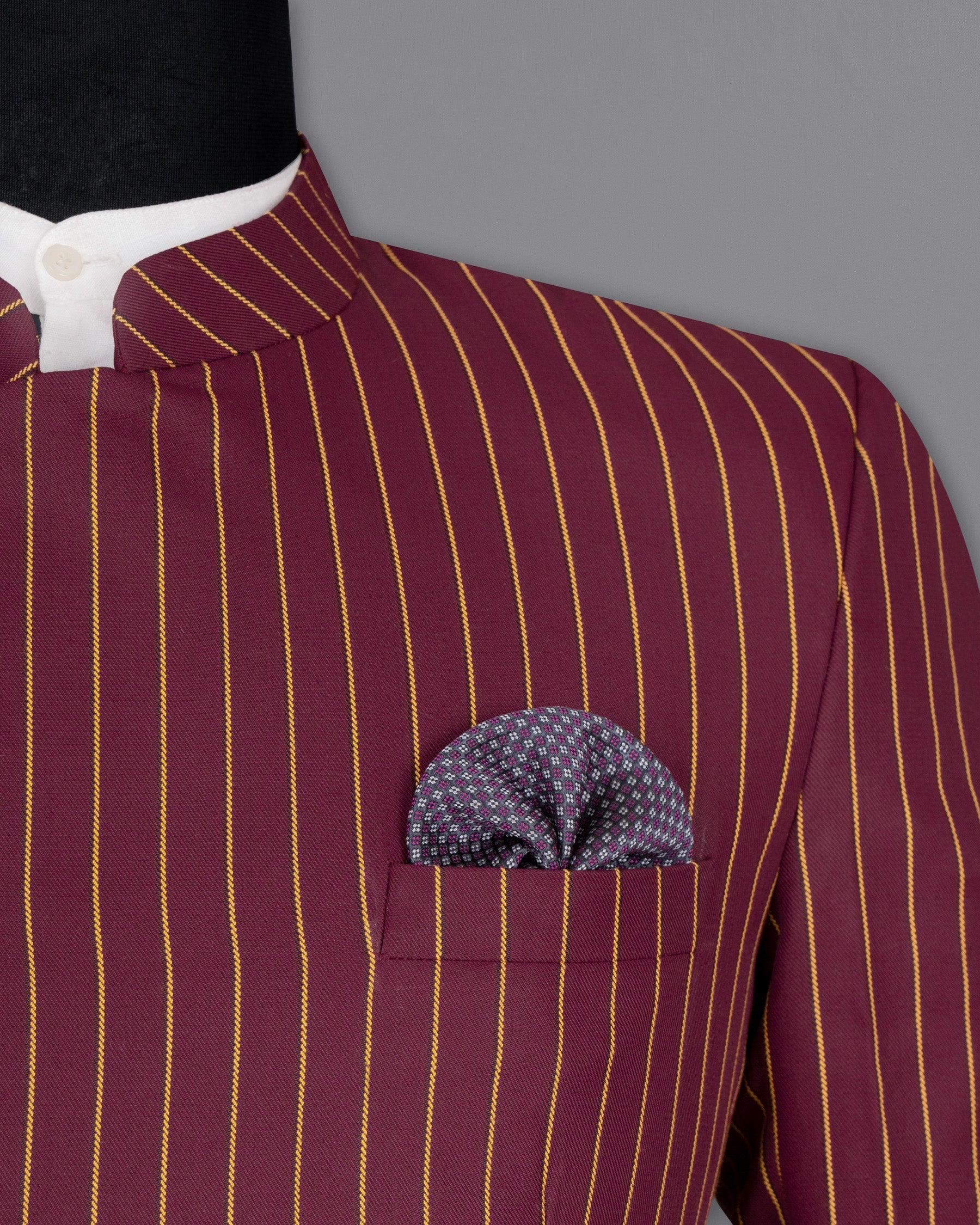 Paprika Maroon Striped Cross Placket Wool Rich Bandhgala Blazer