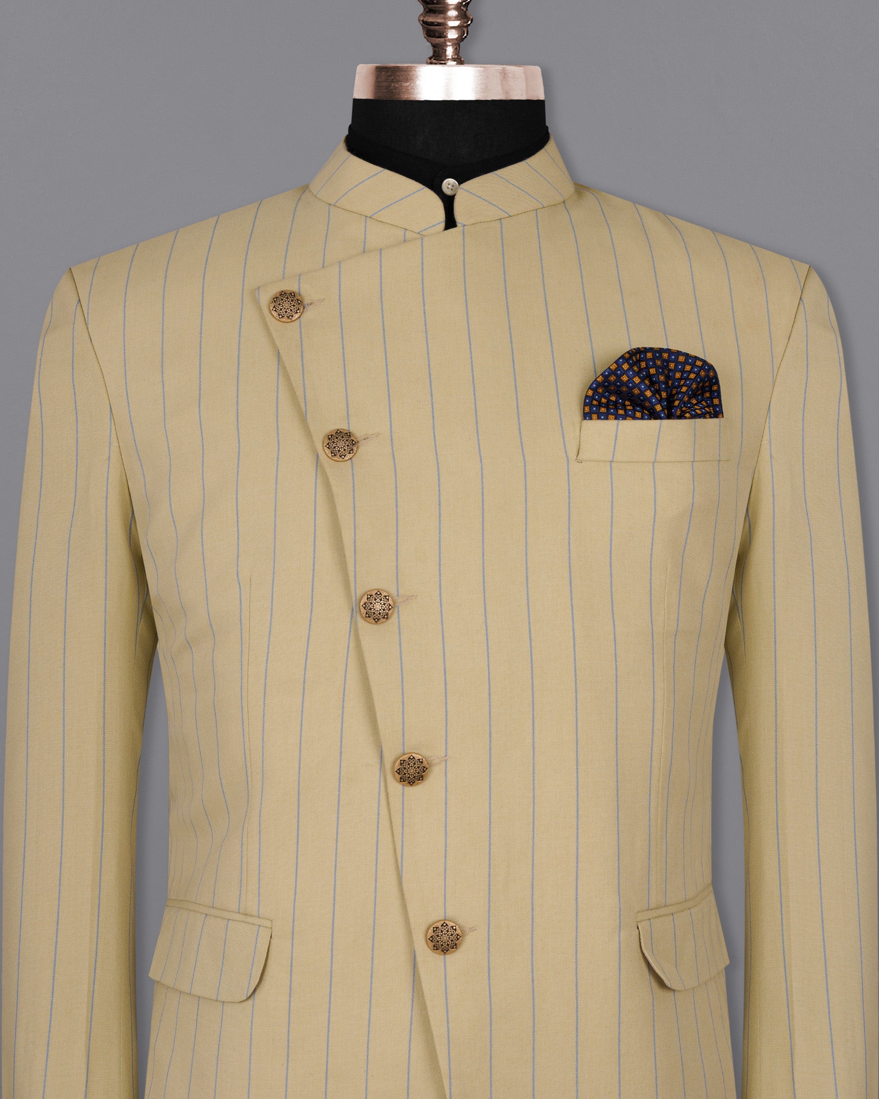 Pavlova Cream Striped Woolrich Cross Buttoned Bandhgala Blazer BL1523-CBG-36, BL1523-CBG-38, BL1523-CBG-40, BL1523-CBG-42, BL1523-CBG-44, BL1523-CBG-46, BL1523-CBG-48, BL1523-CBG-50, BL1523-CBG-52, BL1523-CBG-54, BL1523-CBG-56, BL1523-CBG-58, BL1523-CBG-60