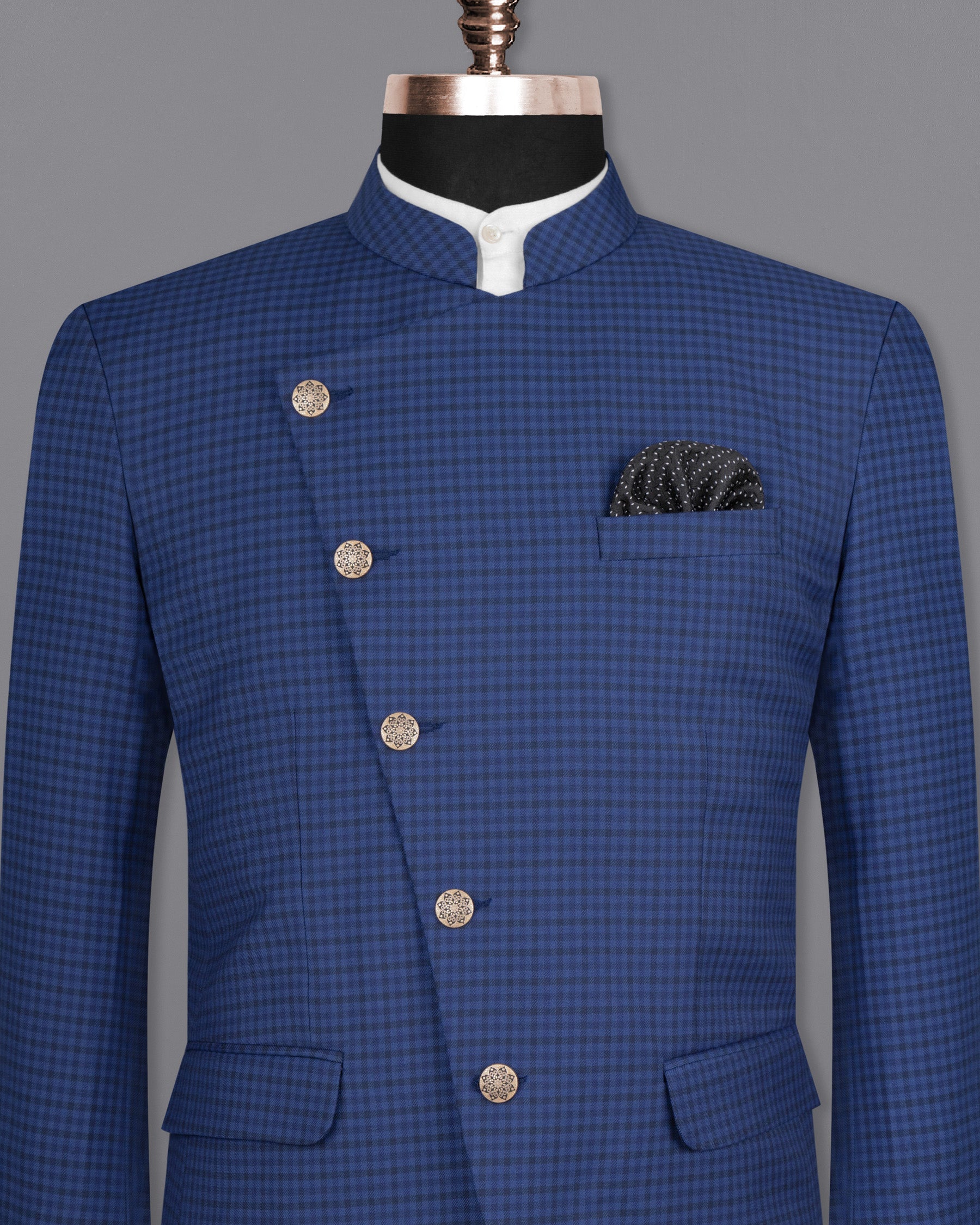 Rhino Blue Checkered Cross Buttoned Wool Rich Bandhgala Blazer BL1585-CBG-36, BL1585-CBG-38, BL1585-CBG-40, BL1585-CBG-42, BL1585-CBG-44, BL1585-CBG-46, BL1585-CBG-48, BL1585-CBG-50, BL1585-CBG-52, BL1585-CBG-54, BL1585-CBG-56, BL1585-CBG-58, BL1585-CBG-60