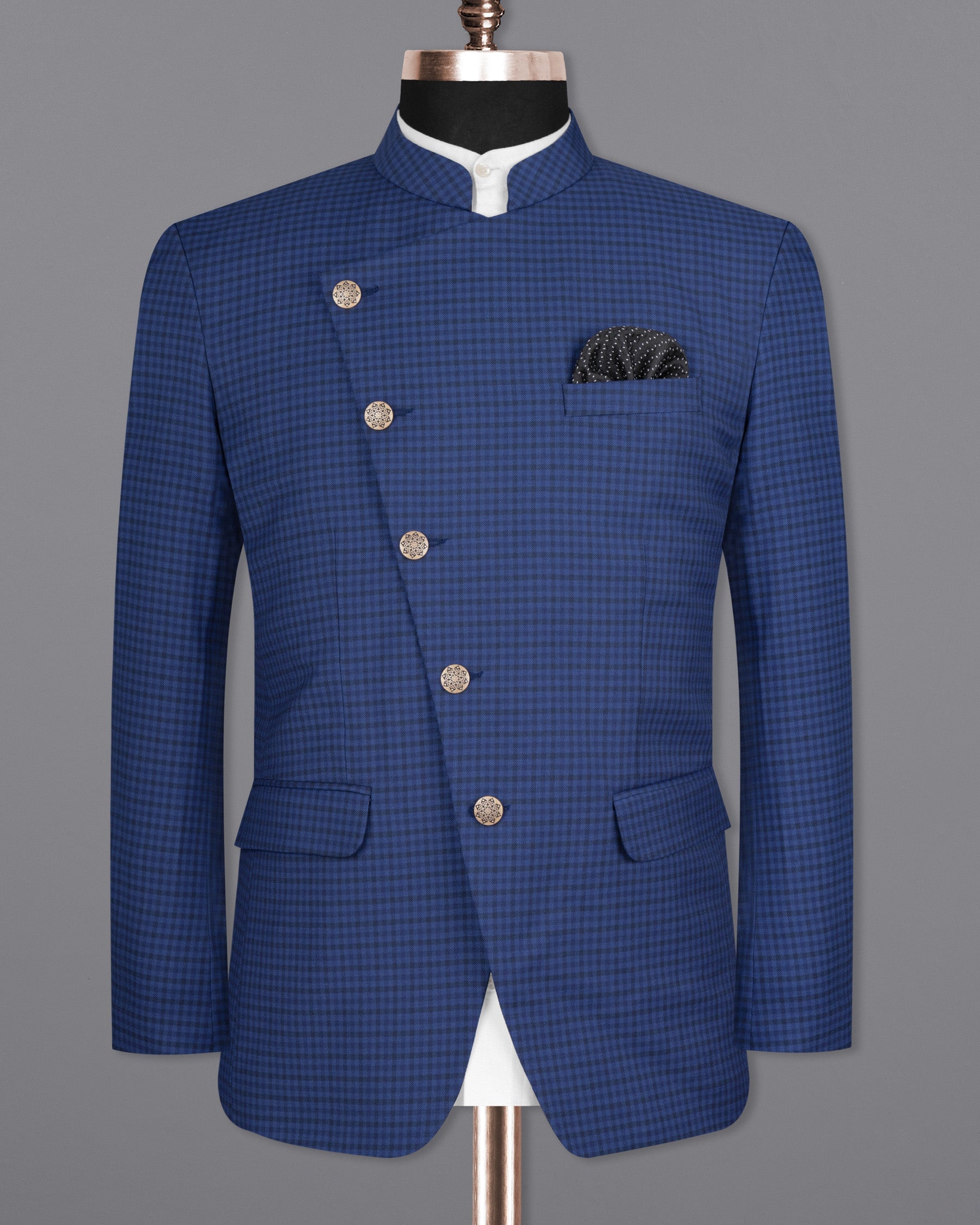 Rhino Blue Checkered Cross Buttoned Wool Rich Bandhgala Blazer BL1585-CBG-36, BL1585-CBG-38, BL1585-CBG-40, BL1585-CBG-42, BL1585-CBG-44, BL1585-CBG-46, BL1585-CBG-48, BL1585-CBG-50, BL1585-CBG-52, BL1585-CBG-54, BL1585-CBG-56, BL1585-CBG-58, BL1585-CBG-60