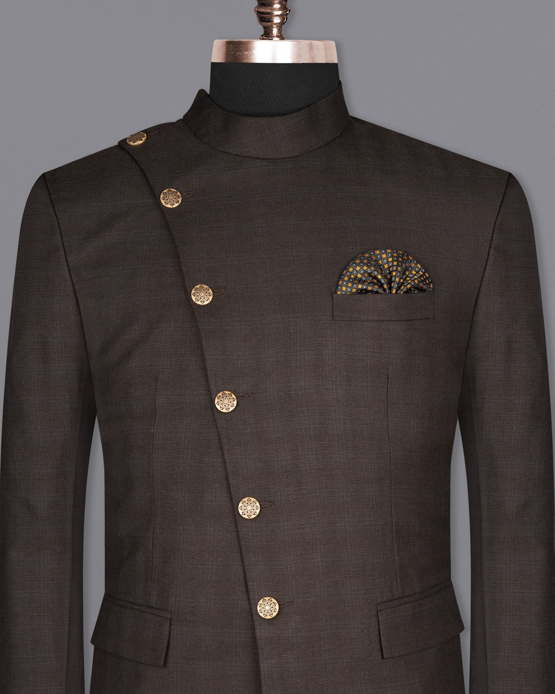 Armadillo Brown subtle windowpane Cross Buttoned Wool Rich Bandhgala Blazer BL1598-CBG2-36, BL1598-CBG2-38, BL1598-CBG2-40, BL1598-CBG2-42, BL1598-CBG2-44, BL1598-CBG2-46, BL1598-CBG2-48, BL1598-CBG2-50, BL1598-CBG2-52, BL1598-CBG2-54, BL1598-CBG2-56, BL1598-CBG2-58, BL1598-CBG2-60