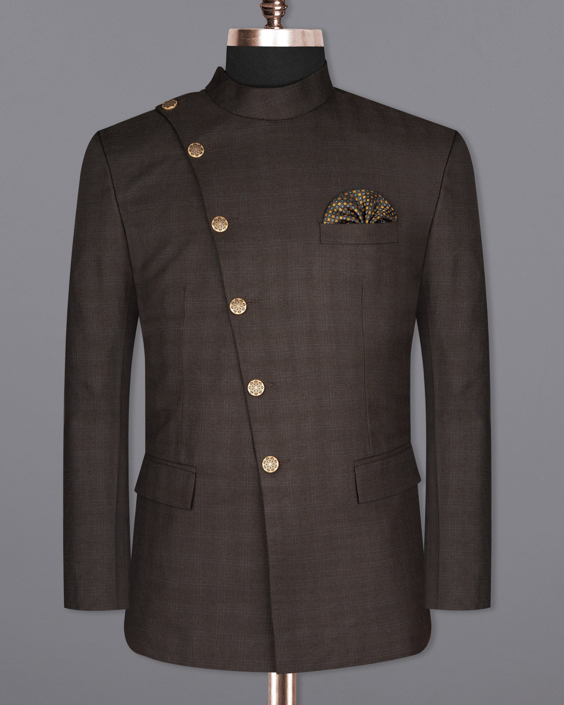 Armadillo Brown subtle windowpane Cross Buttoned Wool Rich Bandhgala Blazer BL1598-CBG2-36, BL1598-CBG2-38, BL1598-CBG2-40, BL1598-CBG2-42, BL1598-CBG2-44, BL1598-CBG2-46, BL1598-CBG2-48, BL1598-CBG2-50, BL1598-CBG2-52, BL1598-CBG2-54, BL1598-CBG2-56, BL1598-CBG2-58, BL1598-CBG2-60