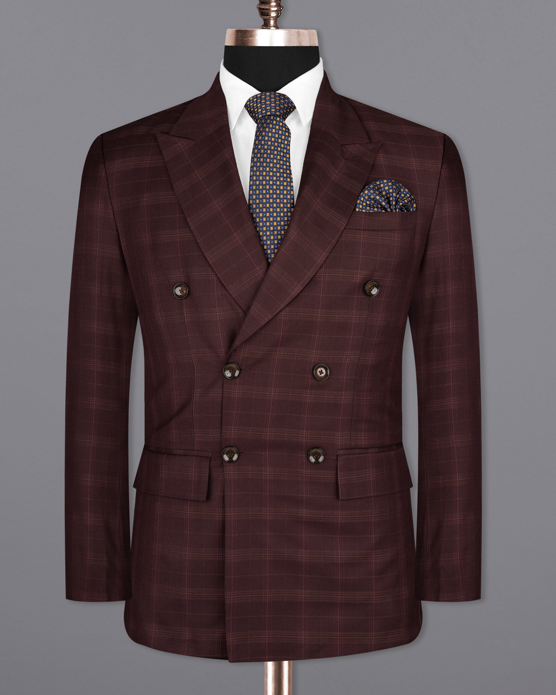 Crater Brown Super fine Plaid Double Breasted Wool Rich Blazer BL1607-DB-36, BL1607-DB-38, BL1607-DB-40, BL1607-DB-42, BL1607-DB-44, BL1607-DB-46, BL1607-DB-48, BL1607-DB-50, BL1607-DB-52, BL1607-DB-54, BL1607-DB-56, BL1607-DB-58, BL1607-DB-60