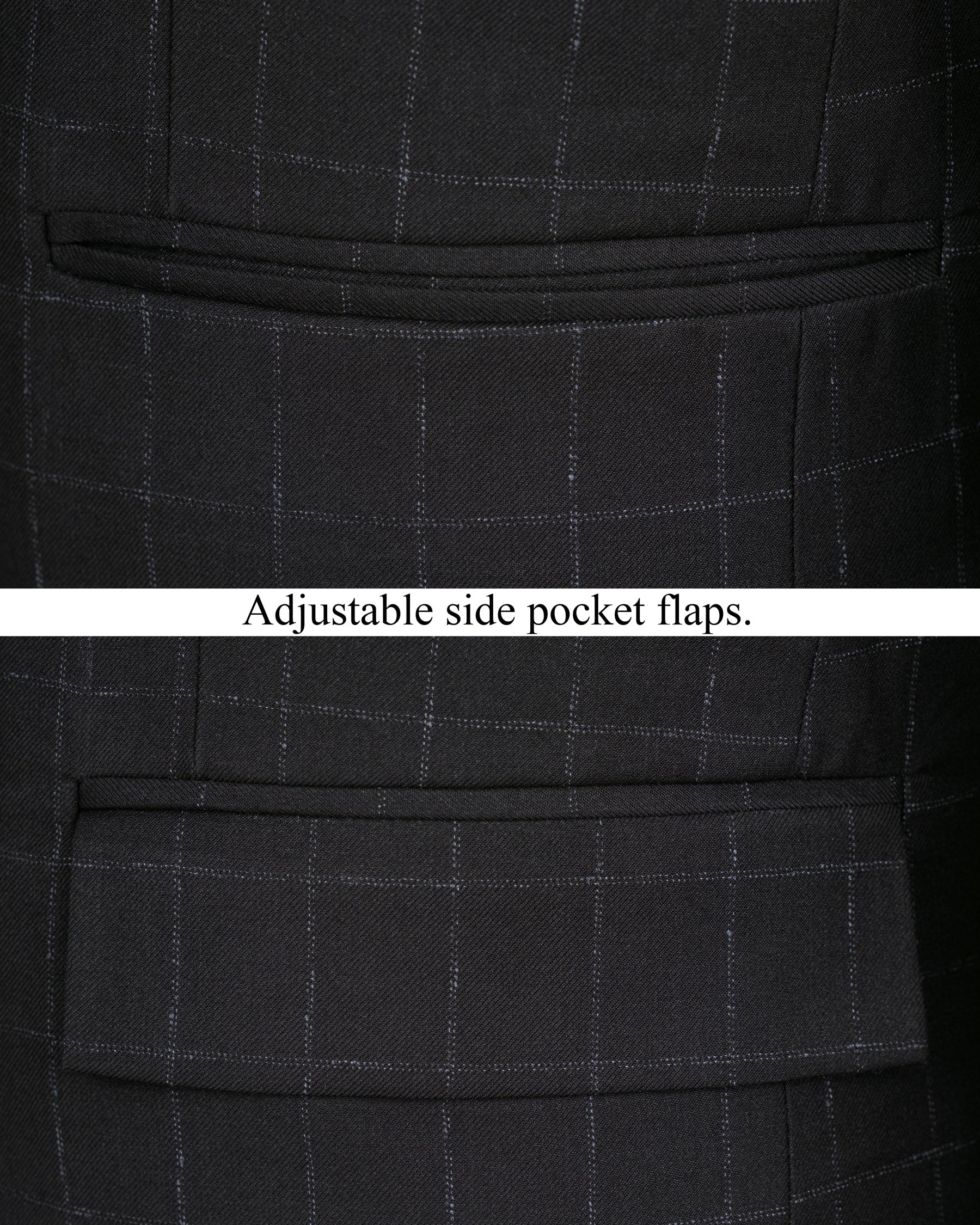 Log Cabin Black Super fine  Windowpane Cross Placket Wool Rich Bandhgala Blazer