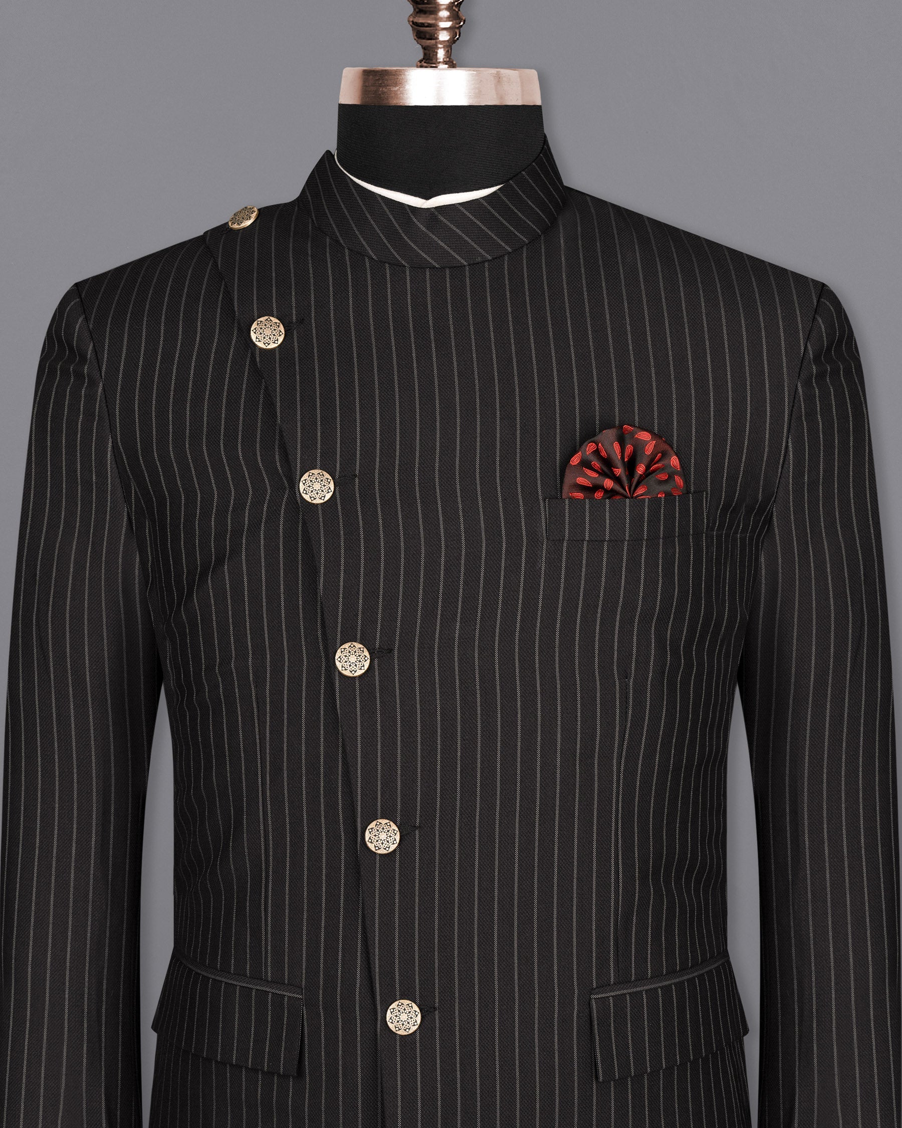 Piano Black Striped Cross Button Woolrich Bandhgala Blazer BL1618-CBG2-36, BL1618-CBG2-38, BL1618-CBG2-40, BL1618-CBG2-42, BL1618-CBG2-44, BL1618-CBG2-46, BL1618-CBG2-48, BL1618-CBG2-50, BL1618-CBG2-52, BL1618-CBG2-54, BL1618-CBG2-56, BL1618-CBG2-58, BL1618-CBG2-60