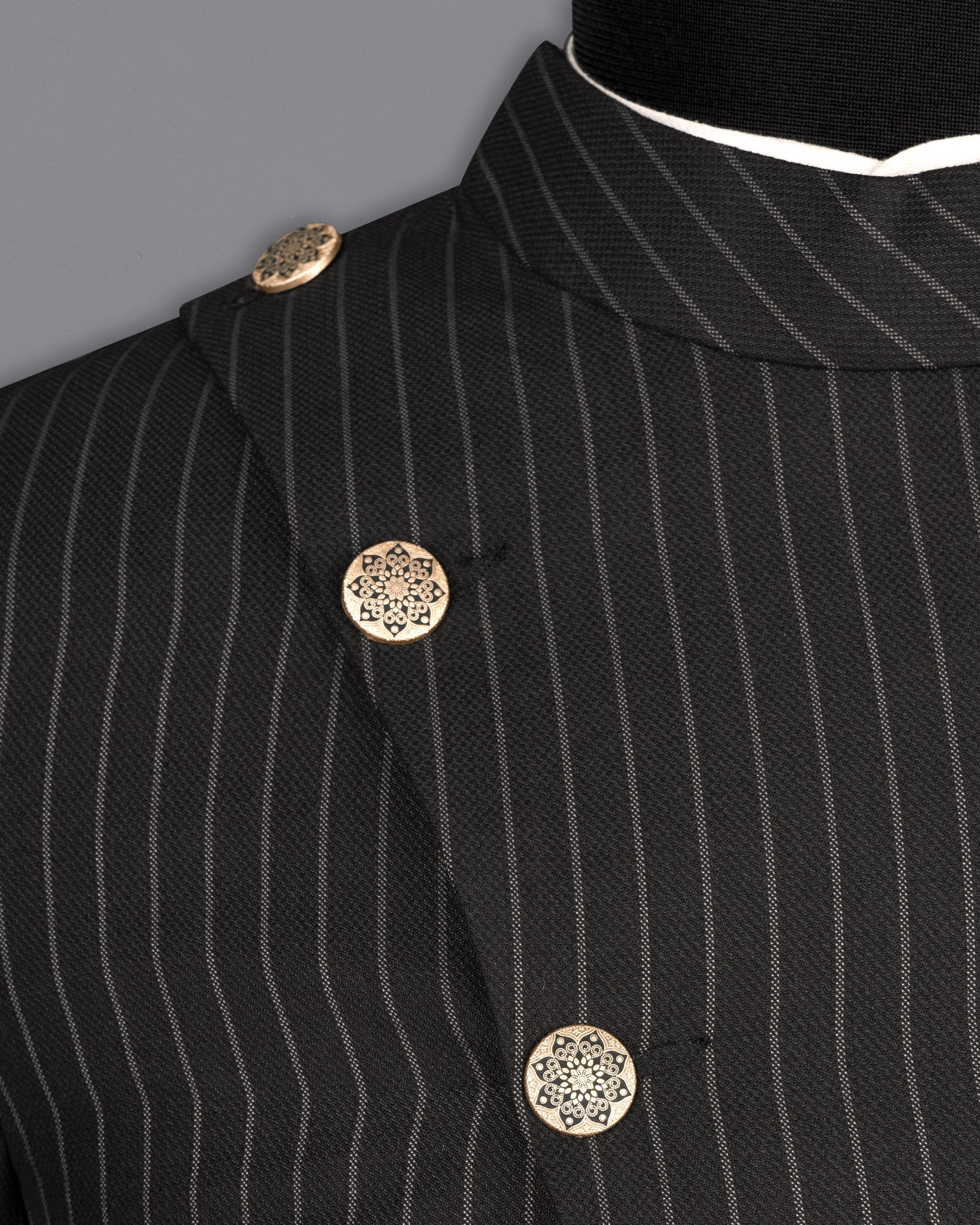 Piano Black Striped Cross Button Woolrich Bandhgala Blazer BL1618-CBG2-36, BL1618-CBG2-38, BL1618-CBG2-40, BL1618-CBG2-42, BL1618-CBG2-44, BL1618-CBG2-46, BL1618-CBG2-48, BL1618-CBG2-50, BL1618-CBG2-52, BL1618-CBG2-54, BL1618-CBG2-56, BL1618-CBG2-58, BL1618-CBG2-60