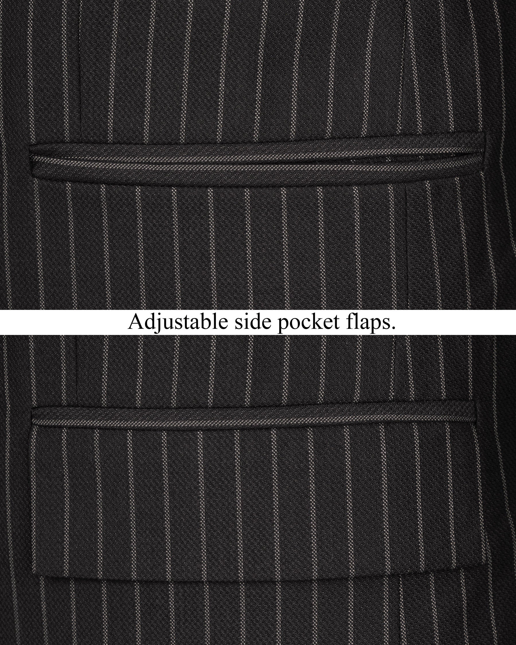 Piano Black Striped Cross Button Woolrich Bandhgala Blazer BL1618-CBG2-36, BL1618-CBG2-38, BL1618-CBG2-40, BL1618-CBG2-42, BL1618-CBG2-44, BL1618-CBG2-46, BL1618-CBG2-48, BL1618-CBG2-50, BL1618-CBG2-52, BL1618-CBG2-54, BL1618-CBG2-56, BL1618-CBG2-58, BL1618-CBG2-60