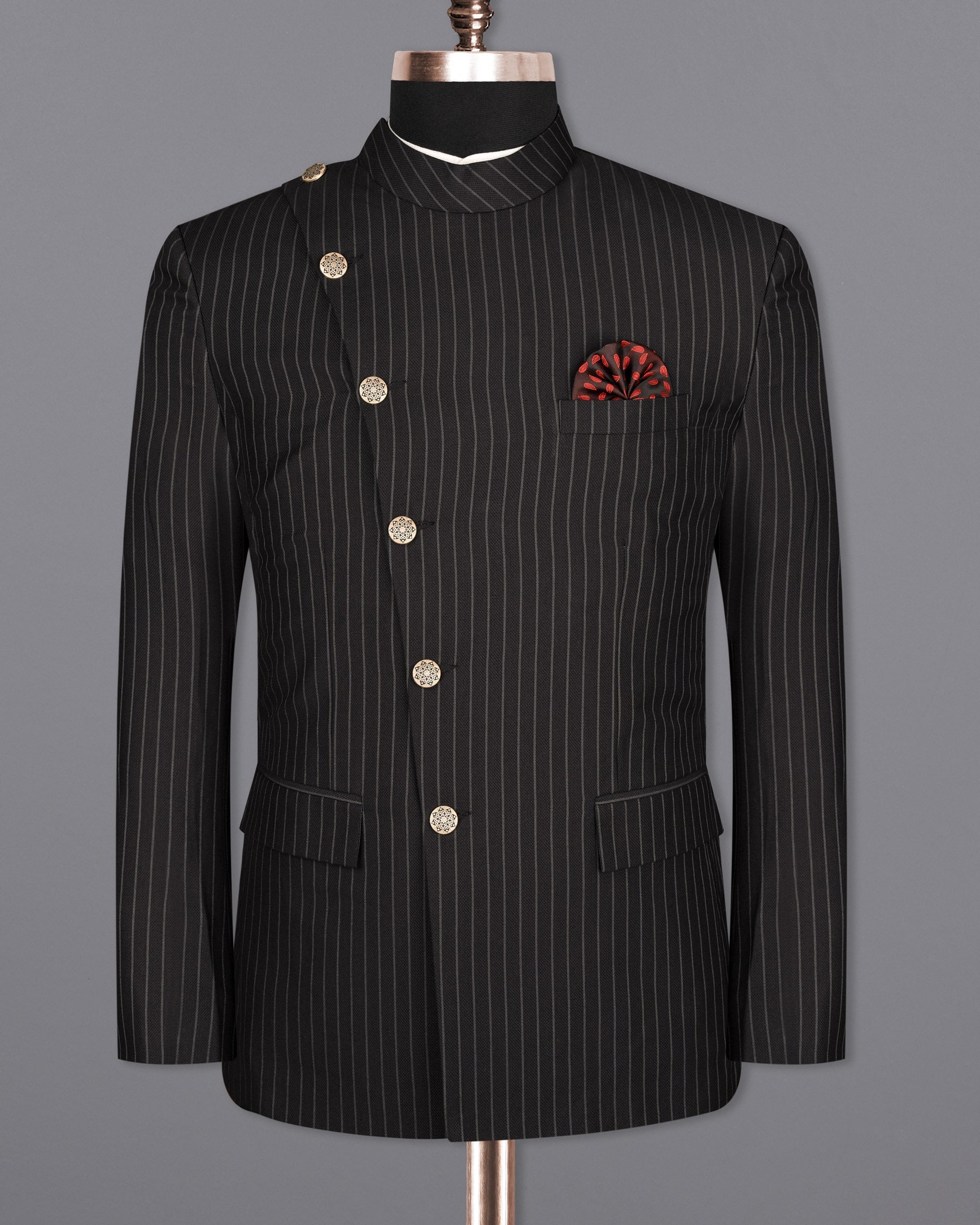 Piano Black Striped Cross Button Woolrich Bandhgala Blazer BL1618-CBG2-36, BL1618-CBG2-38, BL1618-CBG2-40, BL1618-CBG2-42, BL1618-CBG2-44, BL1618-CBG2-46, BL1618-CBG2-48, BL1618-CBG2-50, BL1618-CBG2-52, BL1618-CBG2-54, BL1618-CBG2-56, BL1618-CBG2-58, BL1618-CBG2-60