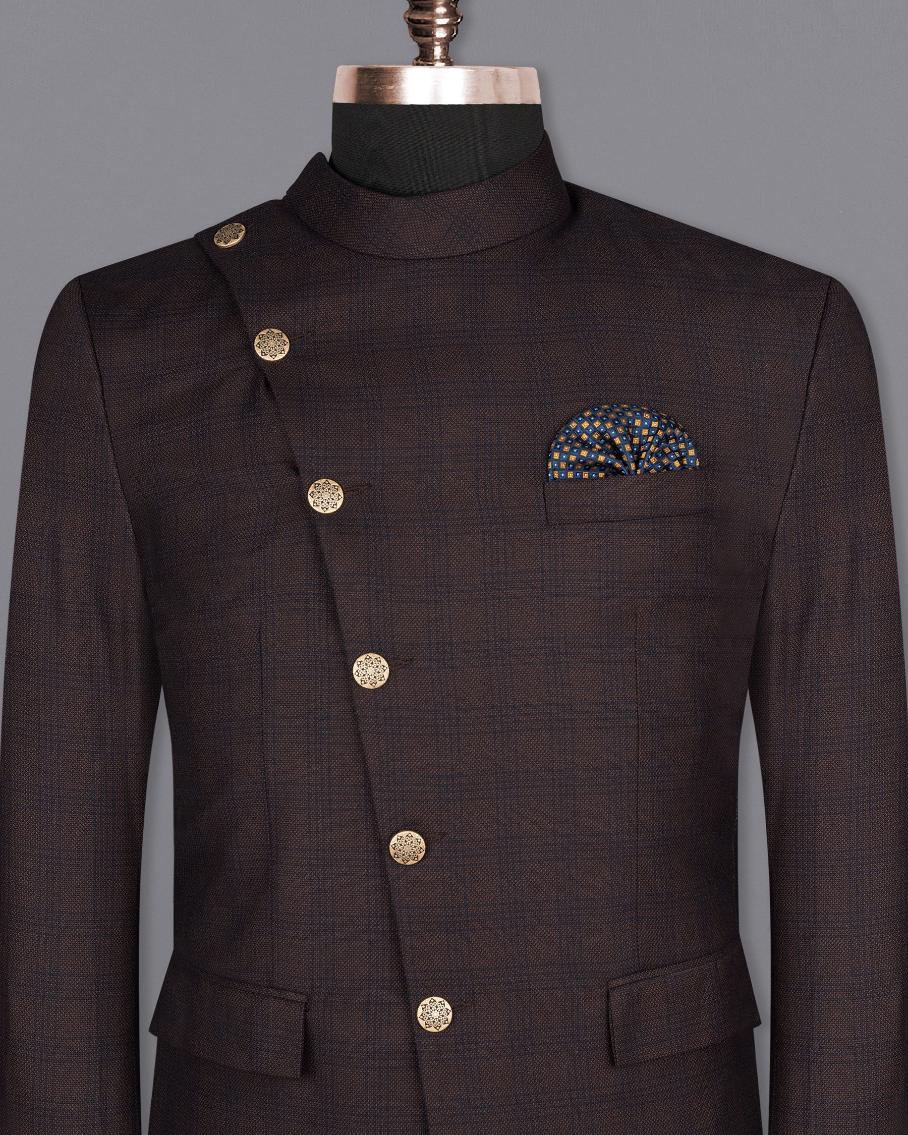 Thunder Brown Subtle Checkered Woolrich Cross buttoned Bandhgala Blazer BL1625-CBG2-36, BL1625-CBG2-38, BL1625-CBG2-40, BL1625-CBG2-42, BL1625-CBG2-44, BL1625-CBG2-46, BL1625-CBG2-48, BL1625-CBG2-50, BL1625-CBG2-52, BL1625-CBG2-54, BL1625-CBG2-56, BL1625-CBG2-58, BL1625-CBG2-60