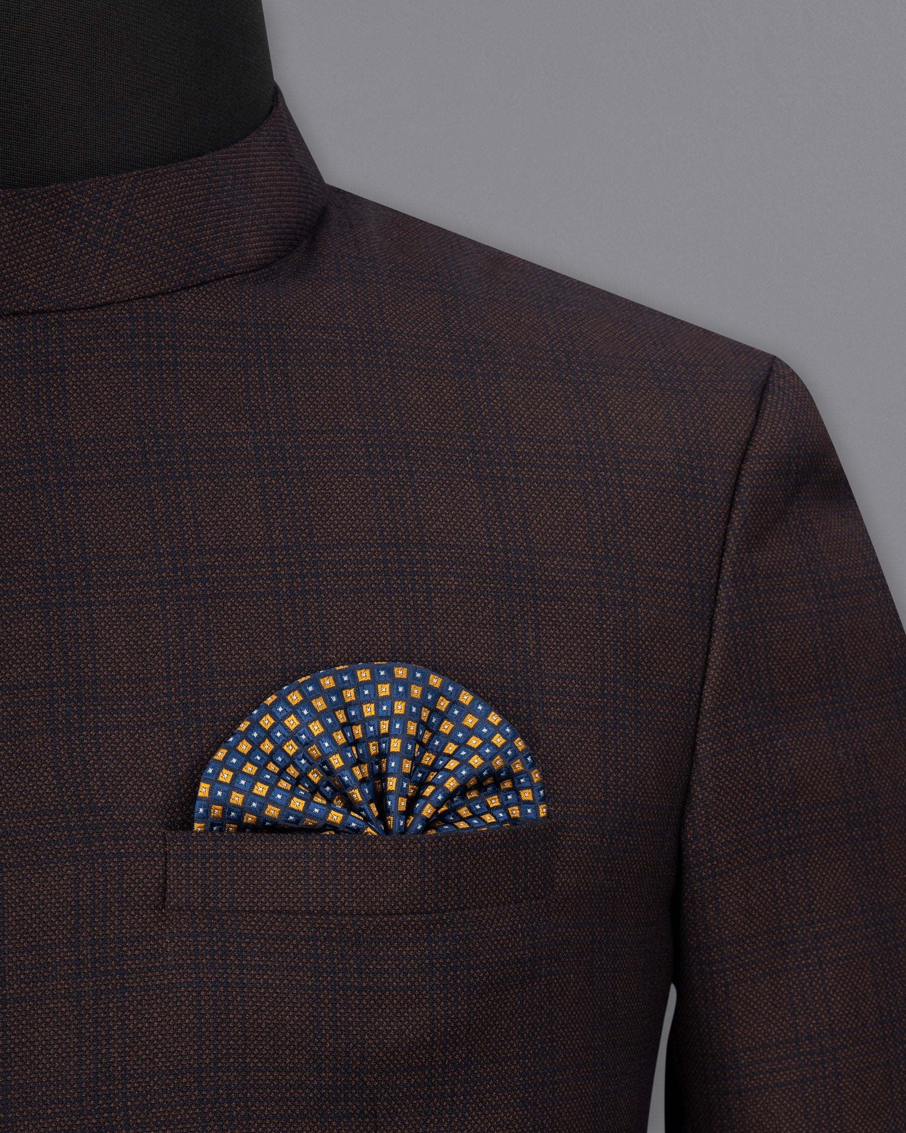 Thunder Brown Subtle Checkered Woolrich Cross buttoned Bandhgala Blazer BL1625-CBG2-36, BL1625-CBG2-38, BL1625-CBG2-40, BL1625-CBG2-42, BL1625-CBG2-44, BL1625-CBG2-46, BL1625-CBG2-48, BL1625-CBG2-50, BL1625-CBG2-52, BL1625-CBG2-54, BL1625-CBG2-56, BL1625-CBG2-58, BL1625-CBG2-60