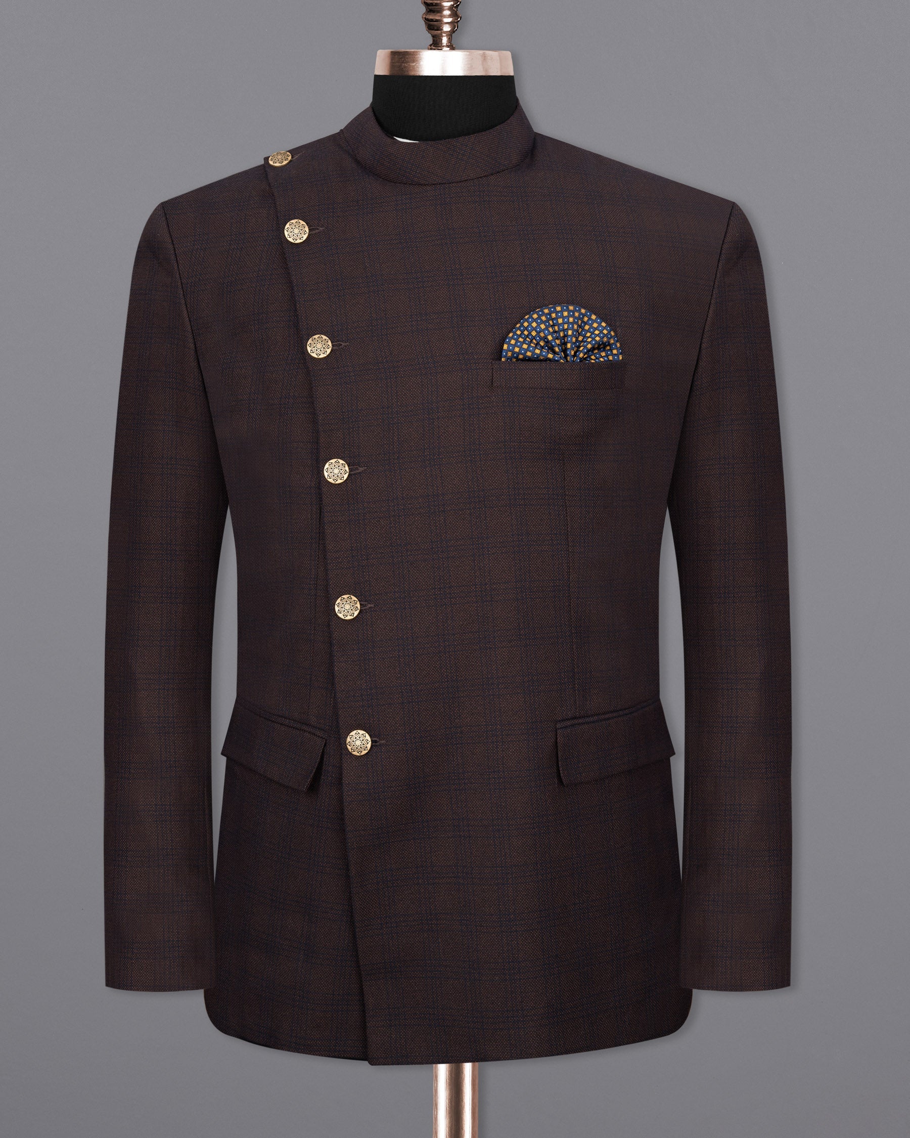 Thunder Brown Subtle Checkered Woolrich Cross buttoned Bandhgala Blazer BL1625-CBG2-36, BL1625-CBG2-38, BL1625-CBG2-40, BL1625-CBG2-42, BL1625-CBG2-44, BL1625-CBG2-46, BL1625-CBG2-48, BL1625-CBG2-50, BL1625-CBG2-52, BL1625-CBG2-54, BL1625-CBG2-56, BL1625-CBG2-58, BL1625-CBG2-60