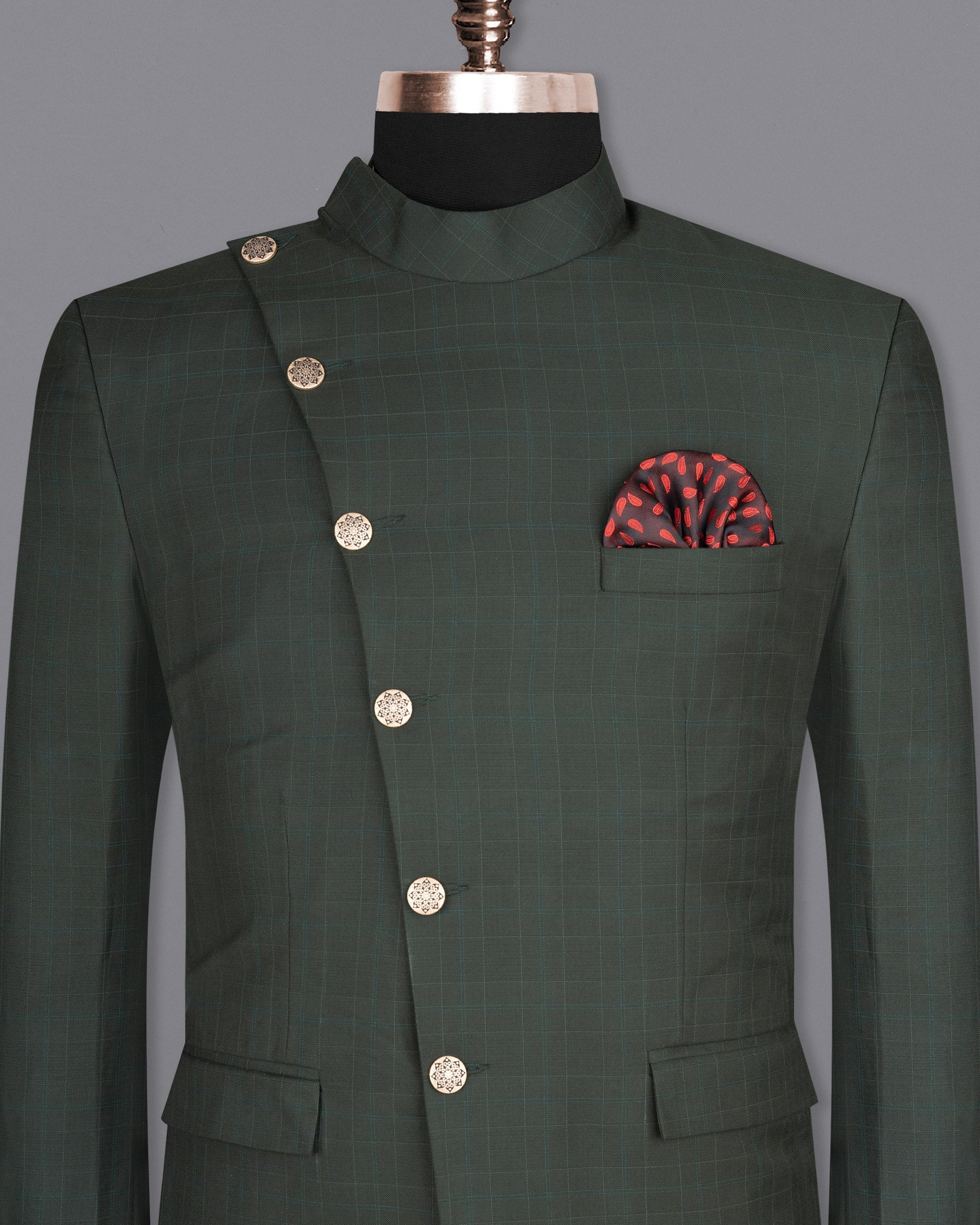 Dune Green Super fine Plaid Woolrich Cross buttoned Bandhgala Blazer BL1627-CBG2-36, BL1627-CBG2-38, BL1627-CBG2-40, BL1627-CBG2-42, BL1627-CBG2-44, BL1627-CBG2-46, BL1627-CBG2-48, BL1627-CBG2-50, BL1627-CBG2-52, BL1627-CBG2-54, BL1627-CBG2-56, BL1627-CBG2-58, BL1627-CBG2-60