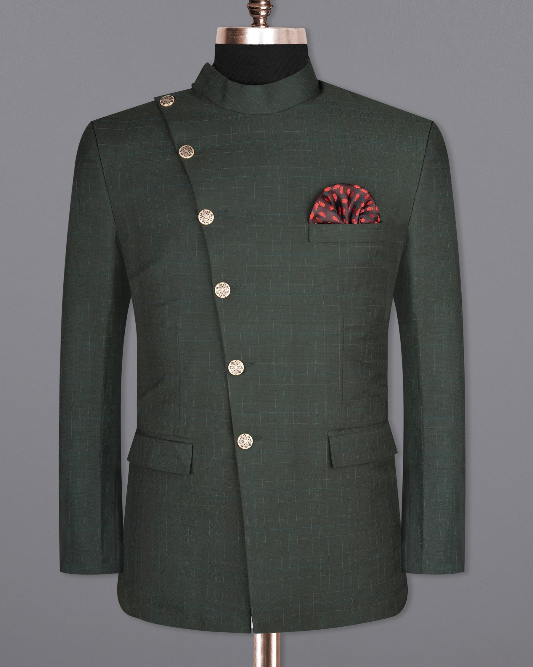 Dune Green Super fine Plaid Woolrich Cross buttoned Bandhgala Blazer BL1627-CBG2-36, BL1627-CBG2-38, BL1627-CBG2-40, BL1627-CBG2-42, BL1627-CBG2-44, BL1627-CBG2-46, BL1627-CBG2-48, BL1627-CBG2-50, BL1627-CBG2-52, BL1627-CBG2-54, BL1627-CBG2-56, BL1627-CBG2-58, BL1627-CBG2-60