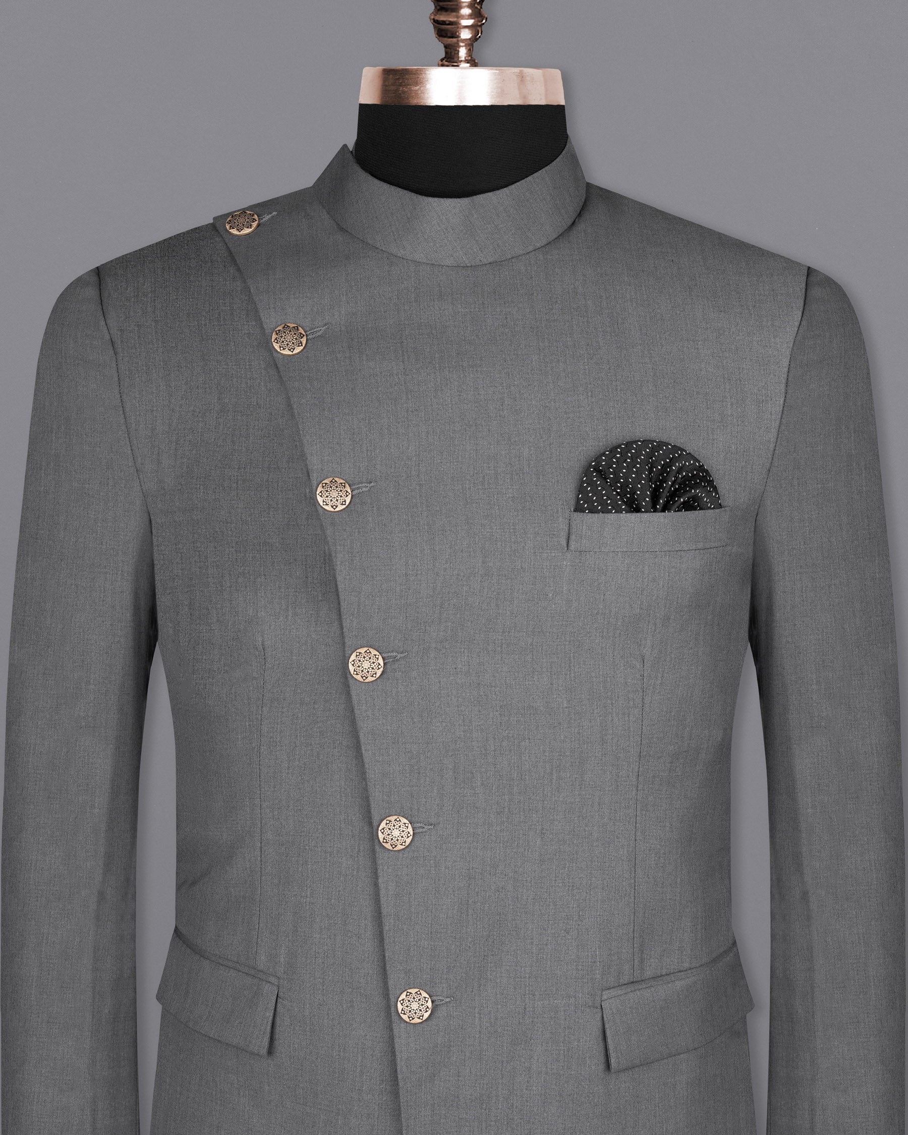 Storm Dust Grey Woolrich Cross buttoned Bandhgala Blazer BL1631-CBG2-36, BL1631-CBG2-38, BL1631-CBG2-40, BL1631-CBG2-42, BL1631-CBG2-44, BL1631-CBG2-46, BL1631-CBG2-48, BL1631-CBG2-50, BL1631-CBG2-52, BL1631-CBG2-54, BL1631-CBG2-56, BL1631-CBG2-58, BL1631-CBG2-60