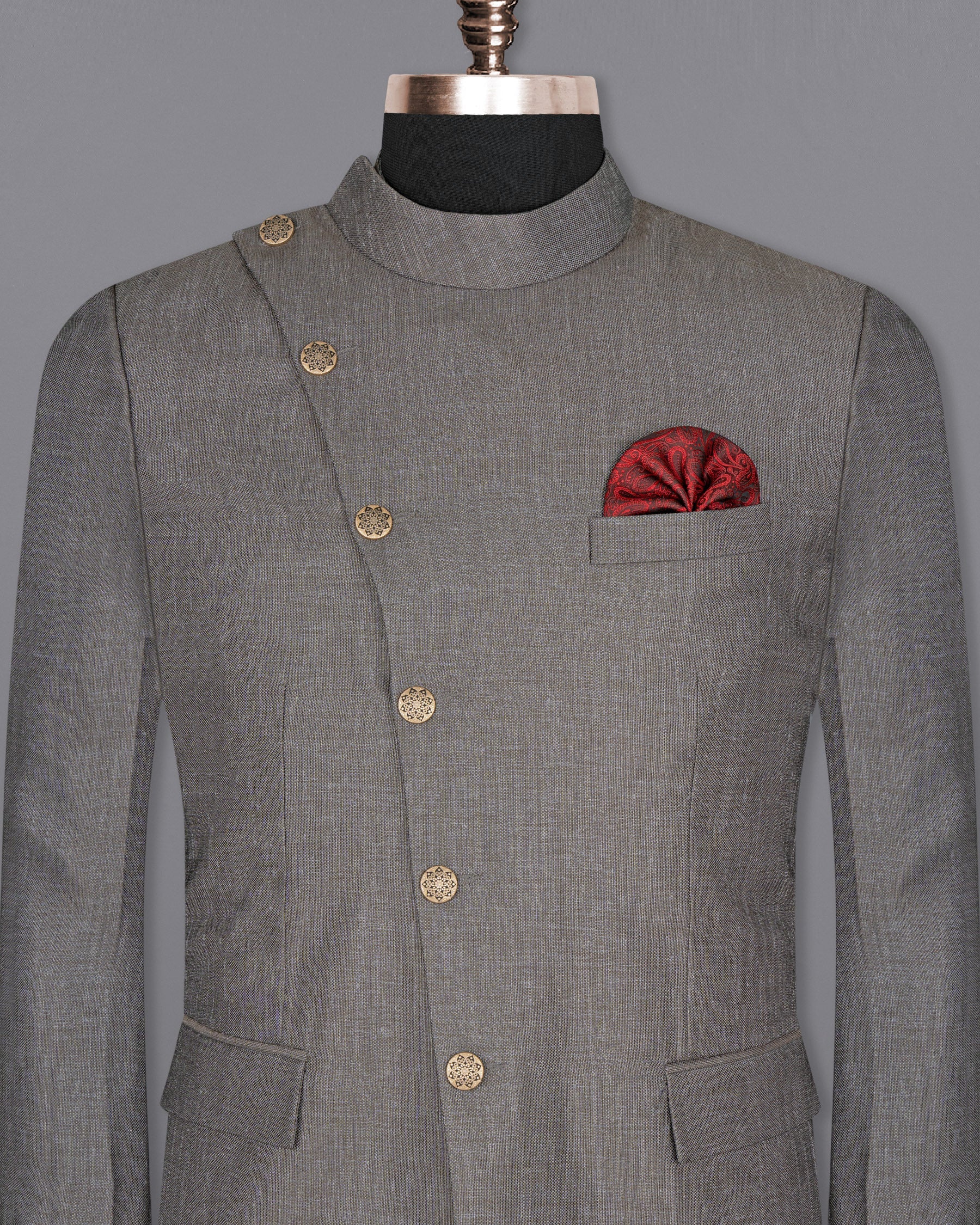 Sandstone Gray Cross Buttoned Bandhgala Designer Blazer BL1647-CBG2-36, BL1647-CBG2-38, BL1647-CBG2-40, BL1647-CBG2-42, BL1647-CBG2-44, BL1647-CBG2-46, BL1647-CBG2-48, BL1647-CBG2-50, BL1647-CBG2-52, BL1647-CBG2-54, BL1647-CBG2-56, BL1647-CBG2-58, BL1647-CBG2-60