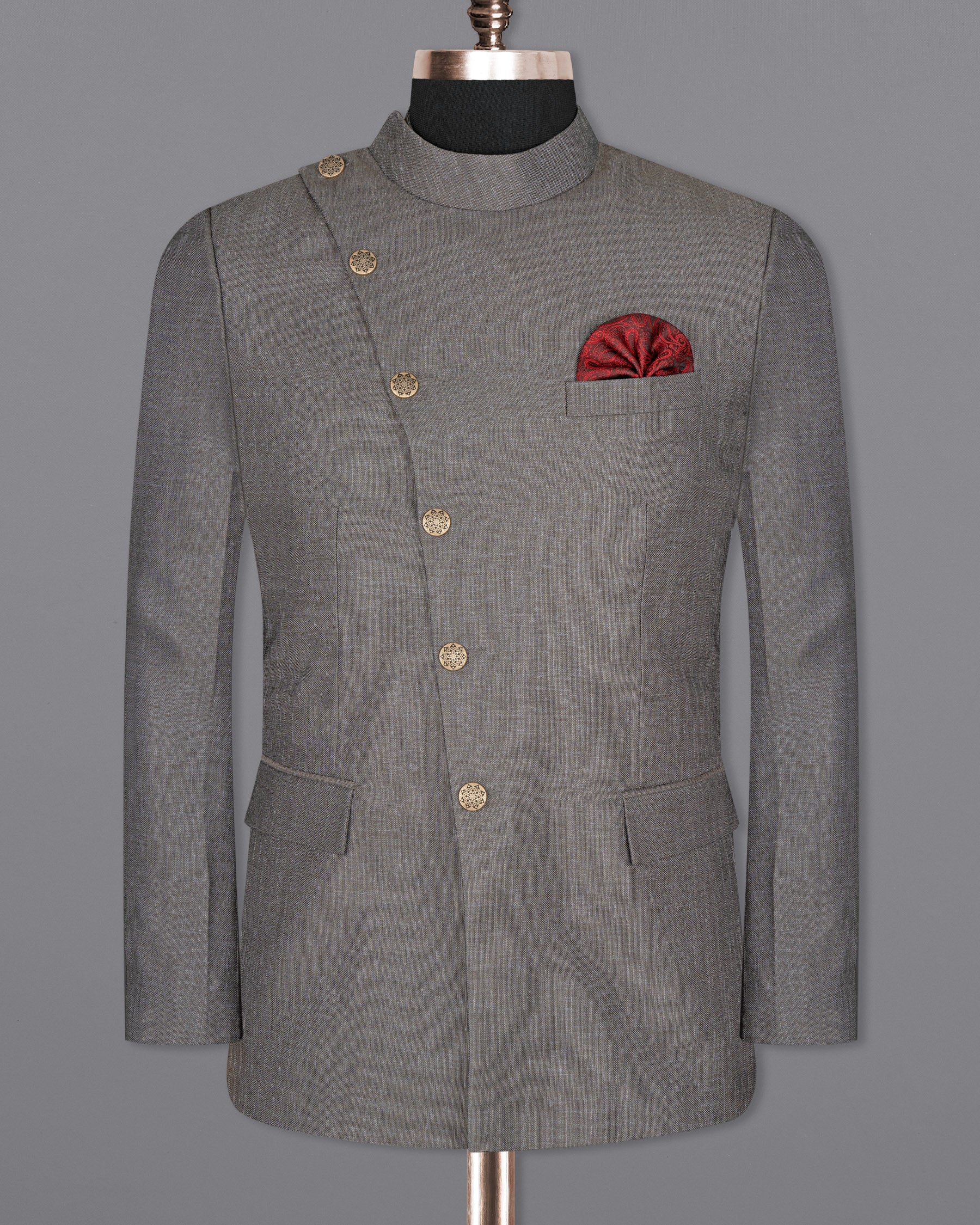 Sandstone Gray Cross Buttoned Bandhgala Designer Blazer BL1647-CBG2-36, BL1647-CBG2-38, BL1647-CBG2-40, BL1647-CBG2-42, BL1647-CBG2-44, BL1647-CBG2-46, BL1647-CBG2-48, BL1647-CBG2-50, BL1647-CBG2-52, BL1647-CBG2-54, BL1647-CBG2-56, BL1647-CBG2-58, BL1647-CBG2-60