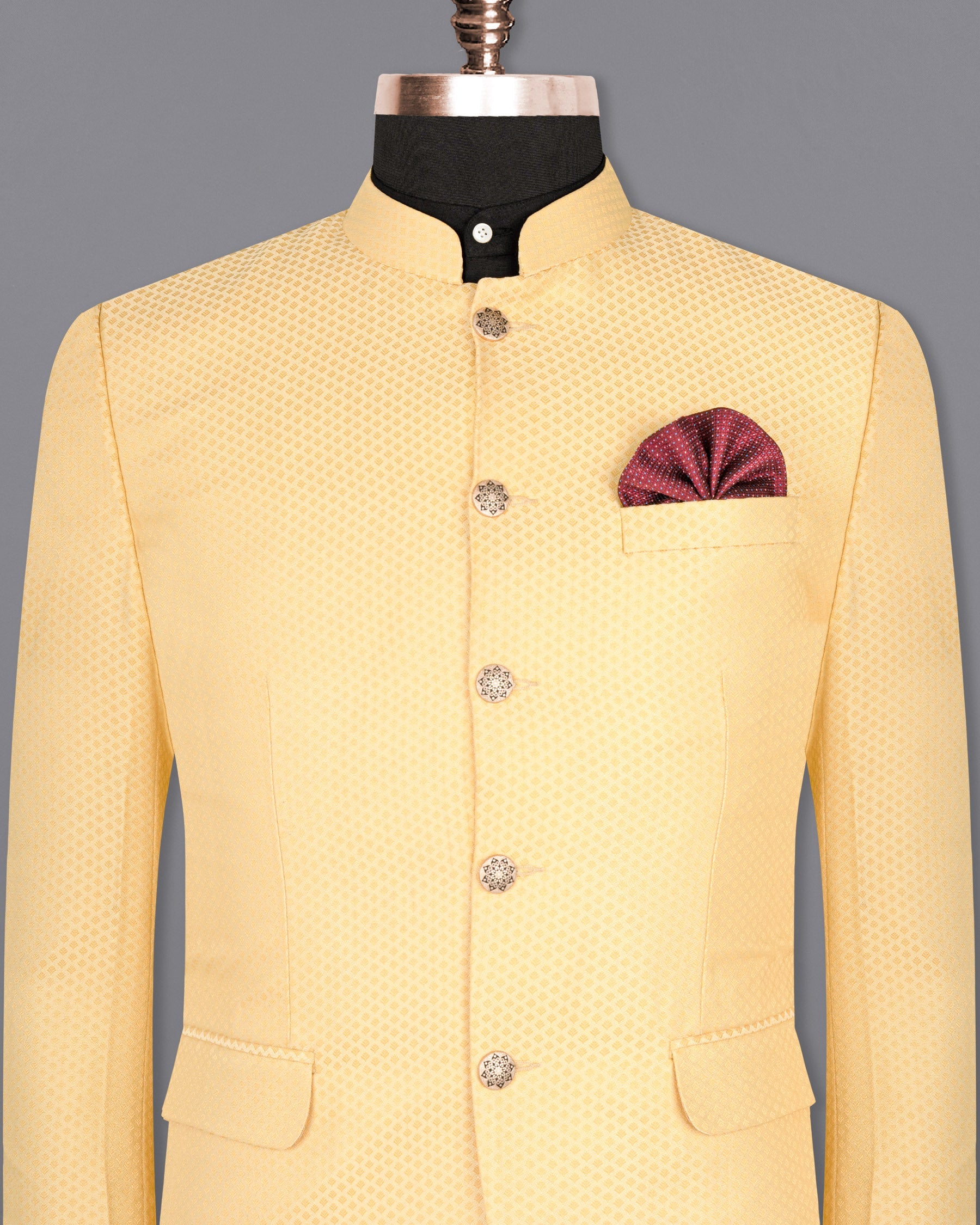 Marzipan Yellow Textured Bandhgala Designer Blazer BL1651-BG-36, BL1651-BG-38, BL1651-BG-40, BL1651-BG-42, BL1651-BG-44, BL1651-BG-46, BL1651-BG-48, BL1651-BG-50, BL1651-BG-52, BL1651-BG-54, BL1651-BG-56, BL1651-BG-58, BL1651-BG-60