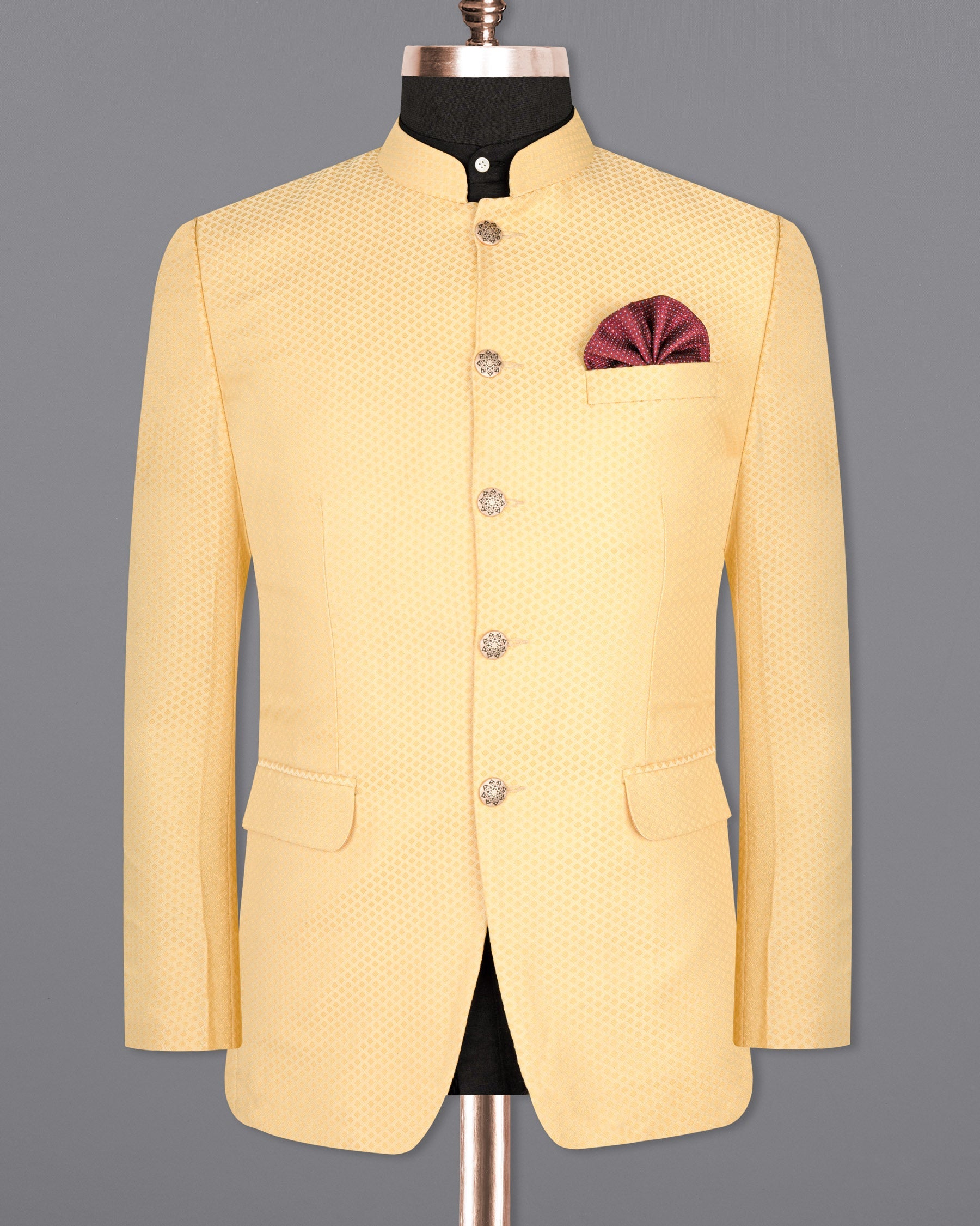 Marzipan Yellow Textured Bandhgala Designer Blazer BL1651-BG-36, BL1651-BG-38, BL1651-BG-40, BL1651-BG-42, BL1651-BG-44, BL1651-BG-46, BL1651-BG-48, BL1651-BG-50, BL1651-BG-52, BL1651-BG-54, BL1651-BG-56, BL1651-BG-58, BL1651-BG-60