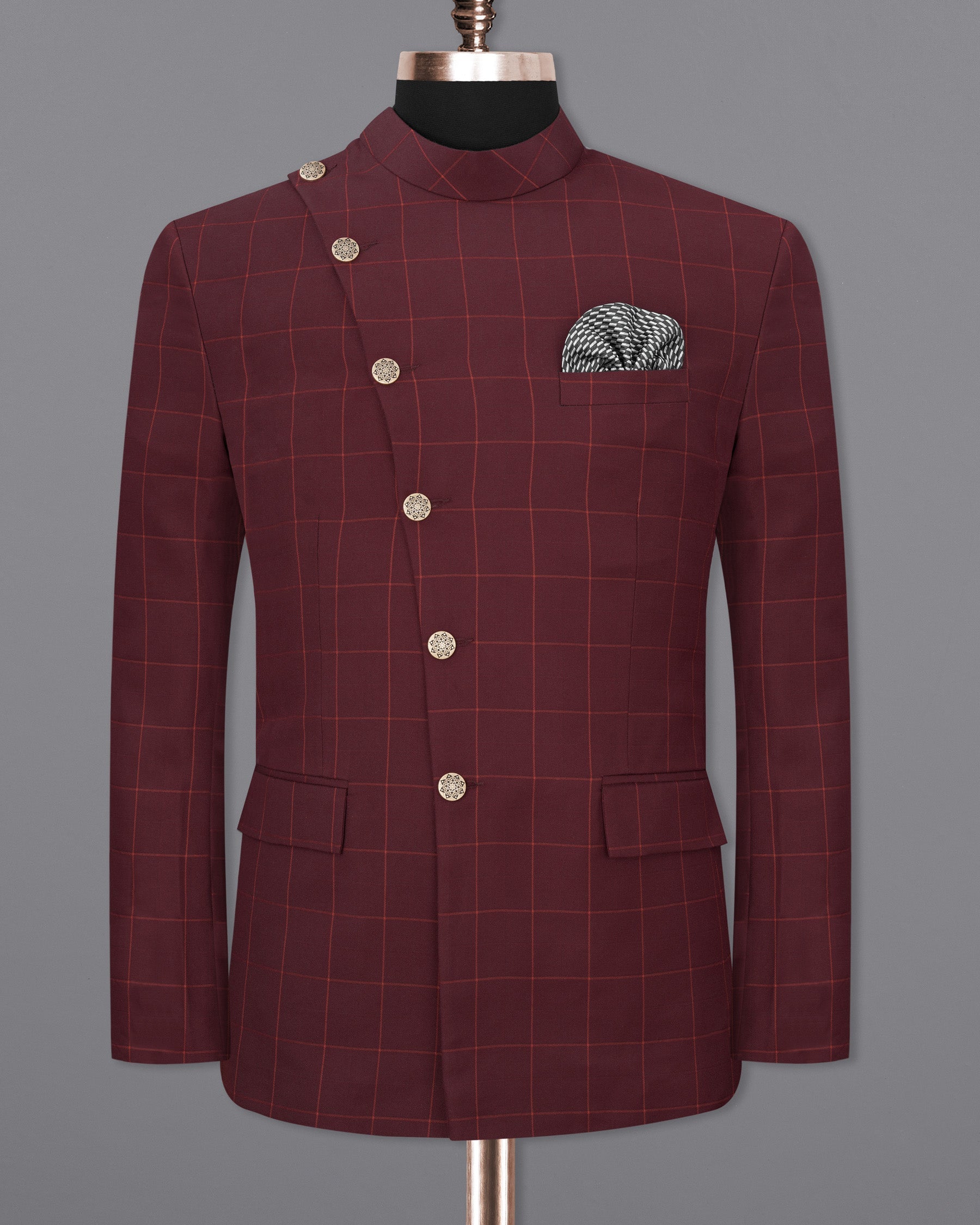 Maroon Oak Windowpane Cross Placket Bandhgala Windowpane Blazer