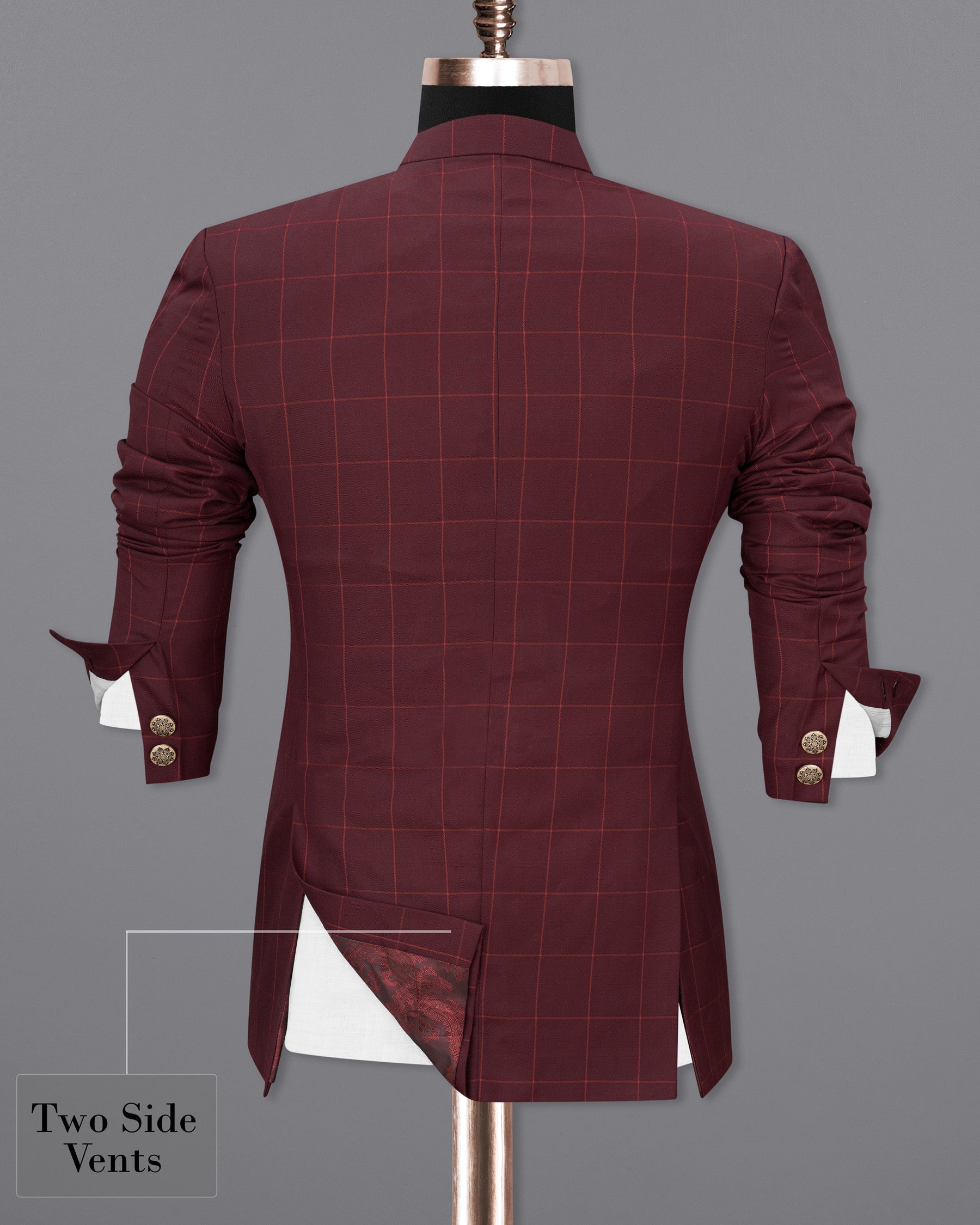 Maroon Oak Windowpane Cross Placket Bandhgala Windowpane Blazer