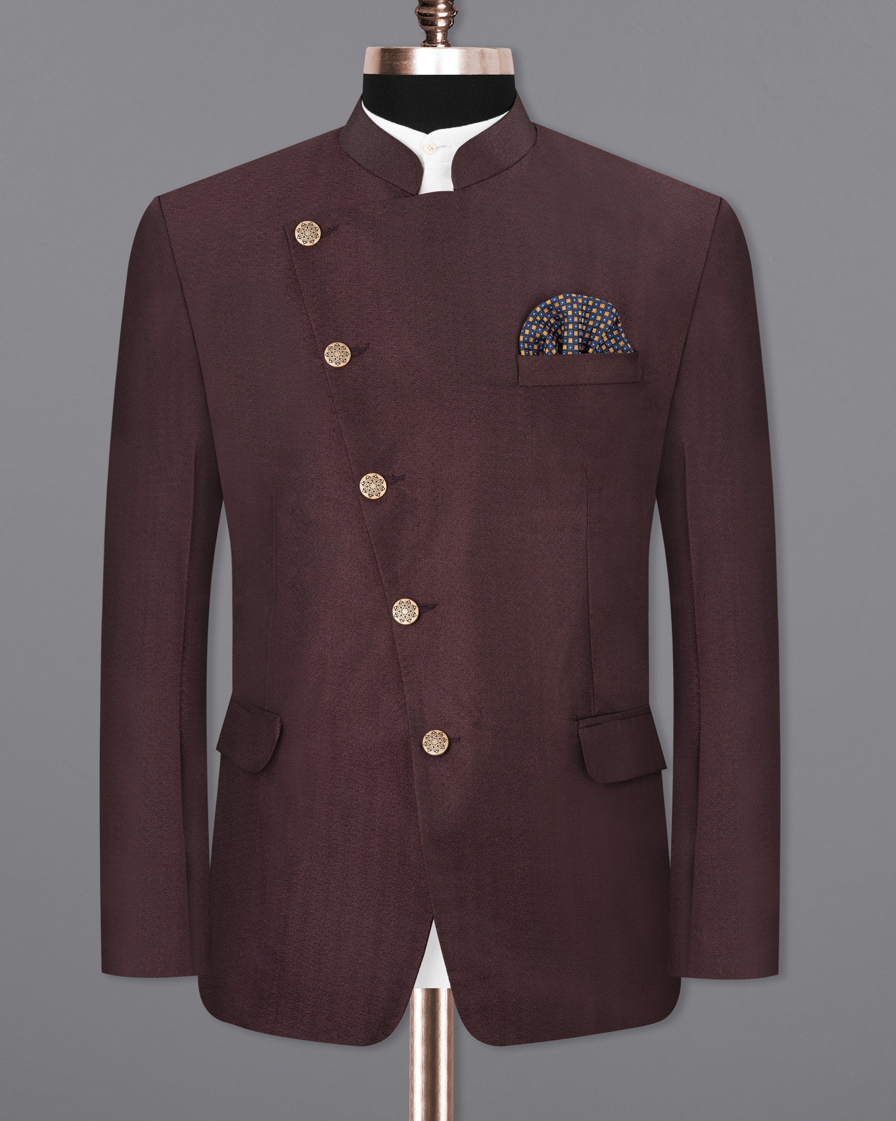 English Walnut Cross Buttoned Bandhgala Blazer BL1745-CBG-36,BL1745-CBG-38,BL1745-CBG-40,BL1745-CBG-42,BL1745-CBG-44,BL1745-CBG-46,BL1745-CBG-48,BL1745-CBG-50,BL1745-CBG-52,BL1745-CBG-54,BL1745-CBG-56,BL1745-CBG-58,BL1745-CBG-60