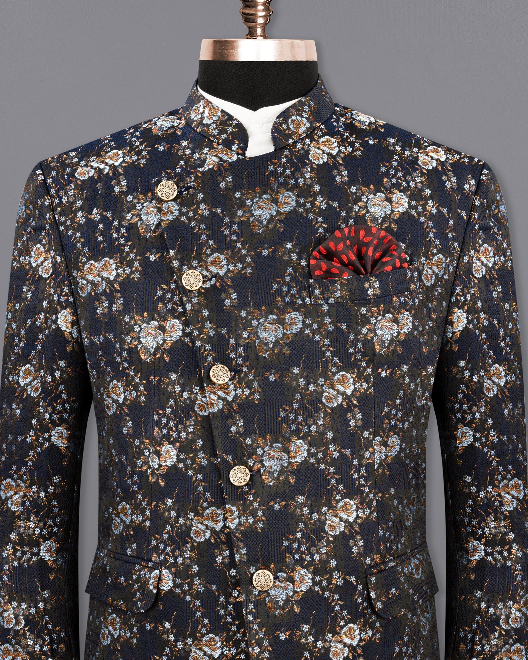 Storm Dust Floral Textured Cross Buttoned Bandhgala Designer Blazer BL1760-CBG-36,BL1760-CBG-38,BL1760-CBG-40,BL1760-CBG-42,BL1760-CBG-44,BL1760-CBG-46,BL1760-CBG-48,BL1760-CBG-50,BL1760-CBG-52,BL1760-CBG-54,BL1760-CBG-56,BL1760-CBG-58,BL1760-CBG-60