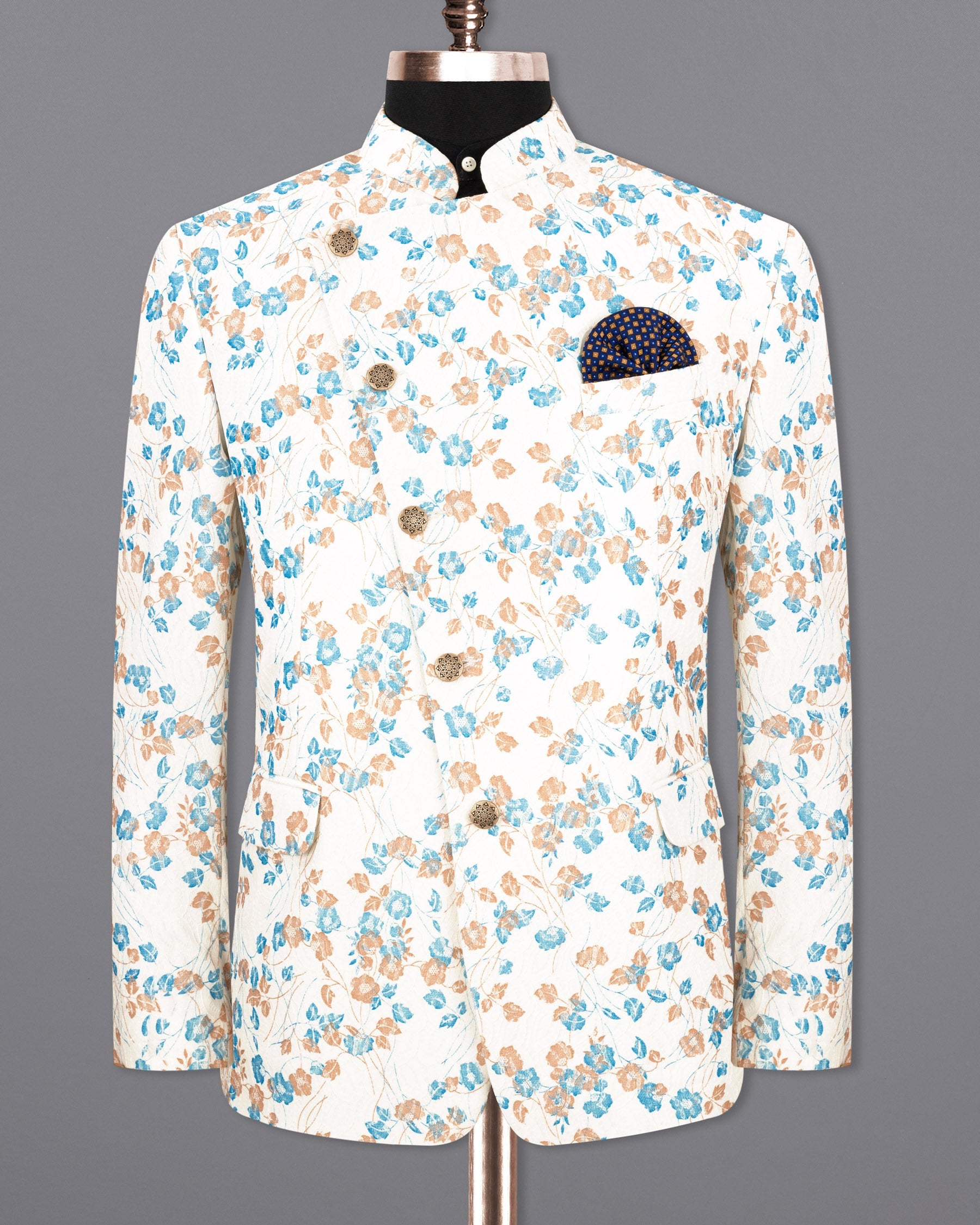 Bright White Floral and Leaves Textured Cross Buttoned Bandhgala Designer Blazer BL1764-CBG-36,BL1764-CBG-38,BL1764-CBG-40,BL1764-CBG-42,BL1764-CBG-44,BL1764-CBG-46,BL1764-CBG-48,BL1764-CBG-50,BL1764-CBG-52,BL1764-CBG-54,BL1764-CBG-56,BL1764-CBG-58,BL1764-CBG-60