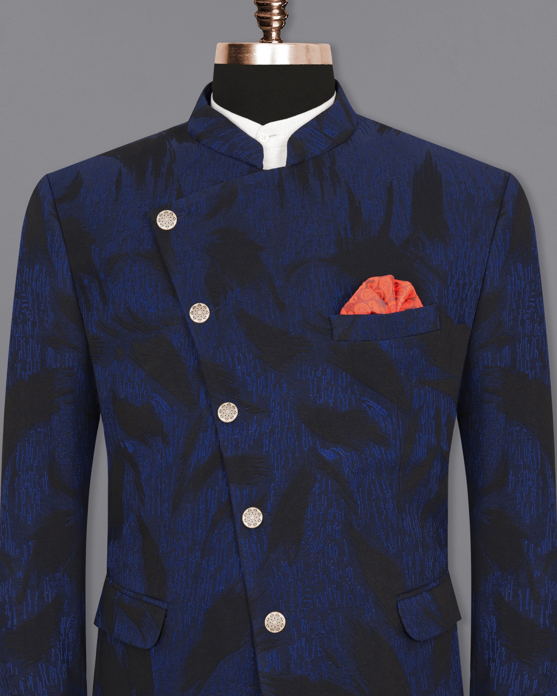 Deep Cove Blue Textured Cross Buttoned Bandhgala Blazer BL1795-CBG-36, BL1795-CBG-38, BL1795-CBG-40, BL1795-CBG-42, BL1795-CBG-44, BL1795-CBG-46, BL1795-CBG-48, BL1795-CBG-50, BL1795-CBG-52, BL1795-CBG-54, BL1795-CBG-56, BL1795-CBG-58, BL1795-CBG-60