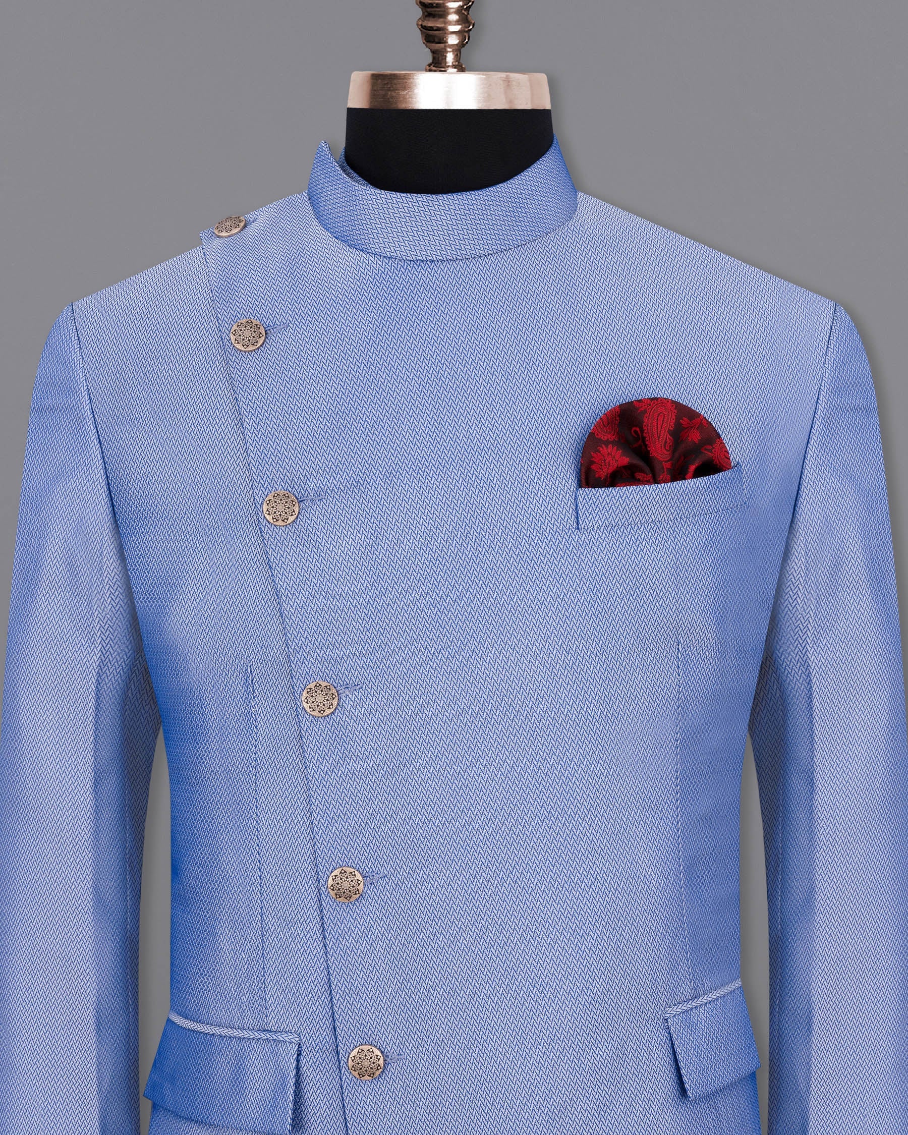 Perano Blue Chevron Textured Cross Buttoned Bandhgala Designer Blazer BL1797-CBG2-36, BL1797-CBG2-38, BL1797-CBG2-40, BL1797-CBG2-42, BL1797-CBG2-44, BL1797-CBG2-46, BL1797-CBG2-48, BL1797-CBG2-50, BL1797-CBG2-52, BL1797-CBG2-54, BL1797-CBG2-56, BL1797-CBG2-58, BL1797-CBG2-60