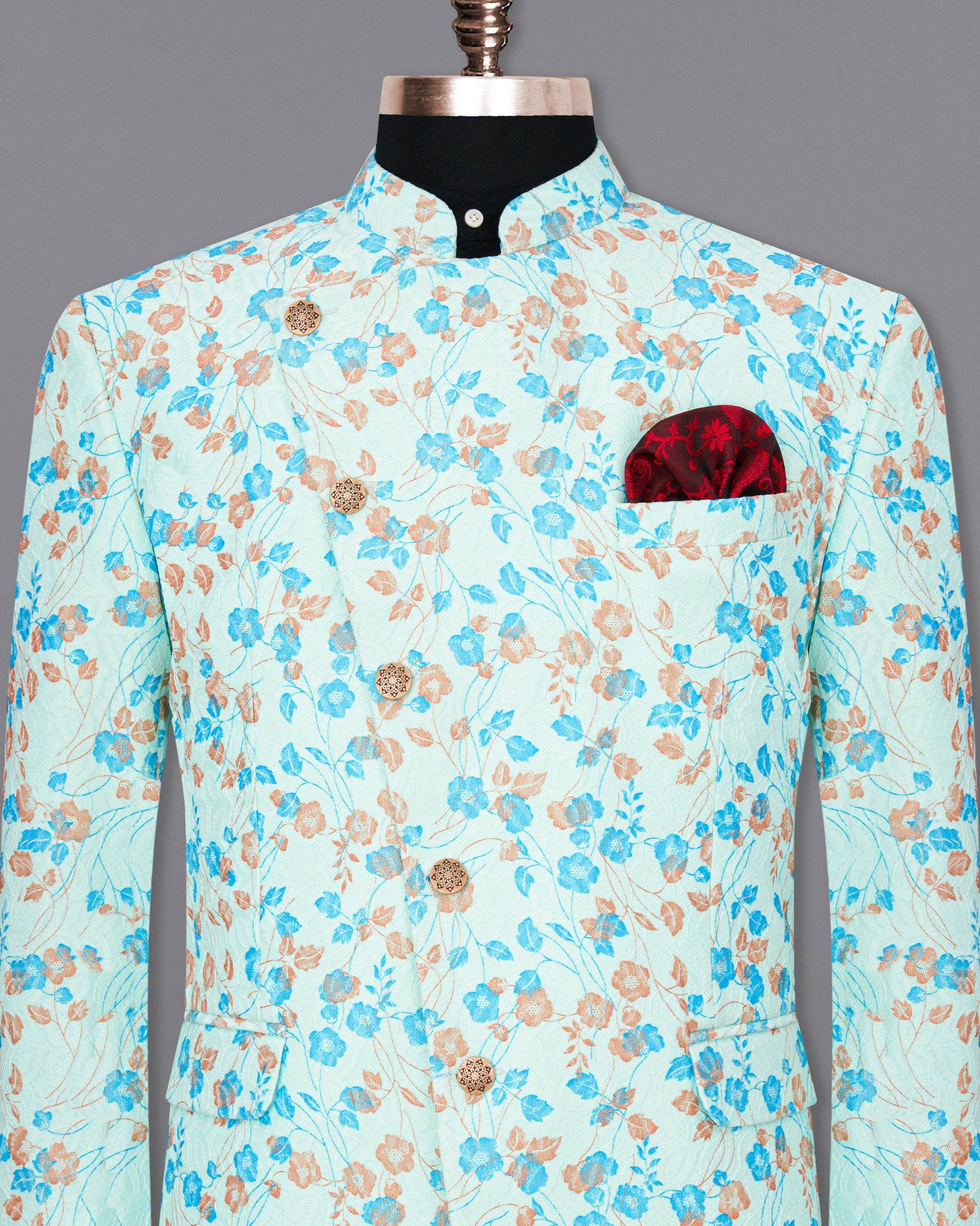 Mint Tulip and Tiffany Blue Floral Printed Cross-Button Bandhgala Designer Blazer BL1818-CBG-36, BL1818-CBG-38, BL1818-CBG-40, BL1818-CBG-42, BL1818-CBG-44, BL1818-CBG-46, BL1818-CBG-48, BL1818-CBG-50, BL1818-CBG-52, BL1818-CBG-54, BL1818-CBG-56, BL1818-CBG-58, BL1818-CBG-60